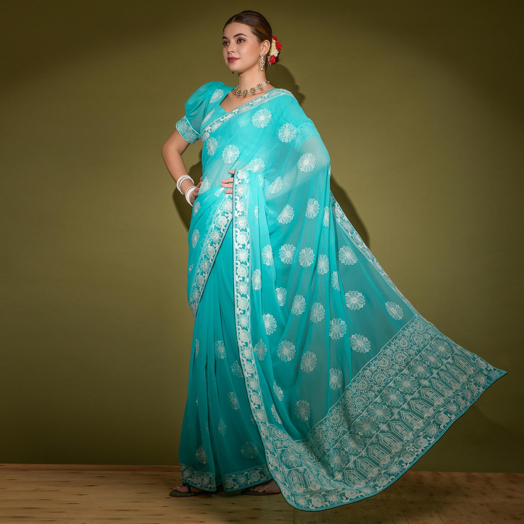 Sky Blue Floral Embroidered Georgette Saree