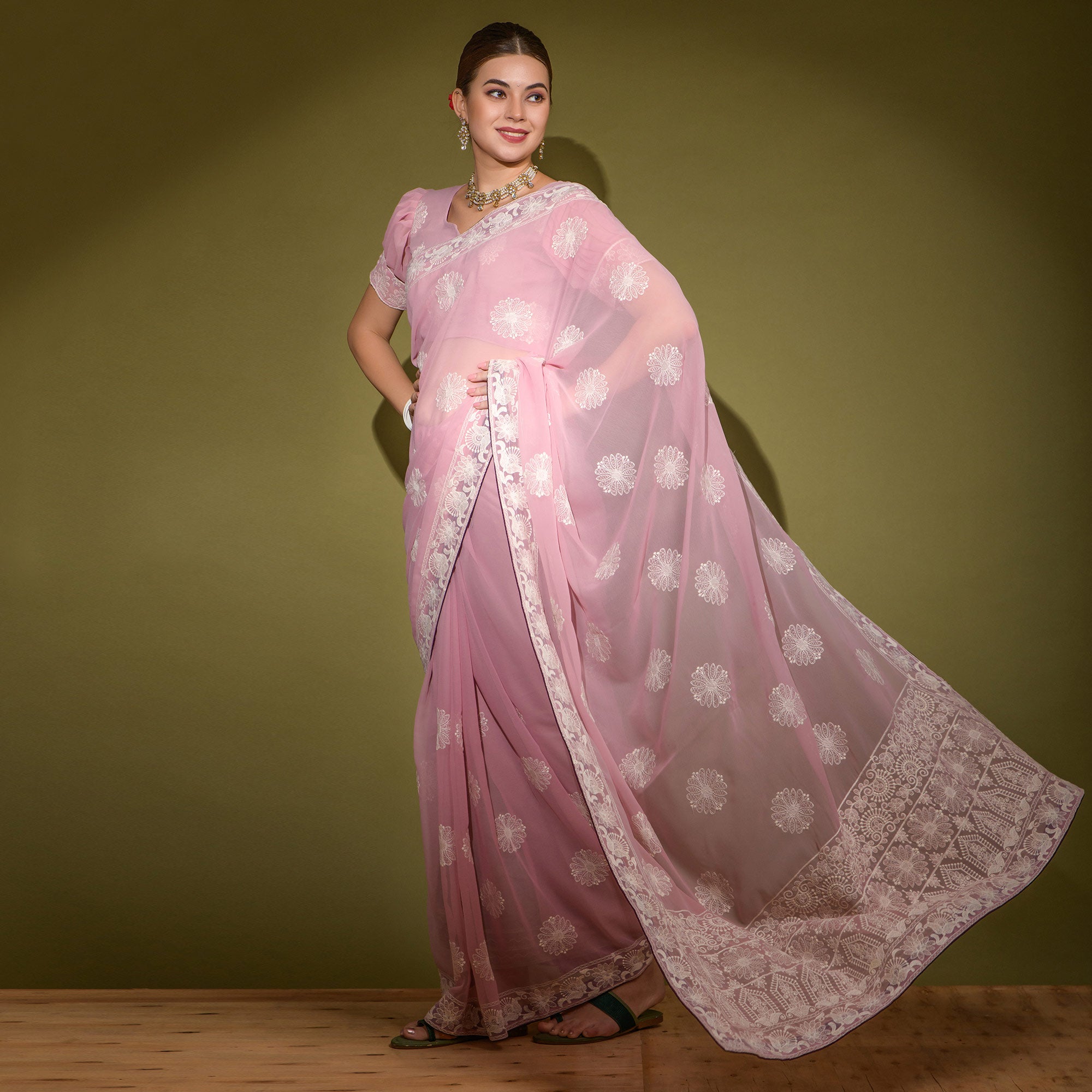 Pink Floral Embroidered Georgette Saree