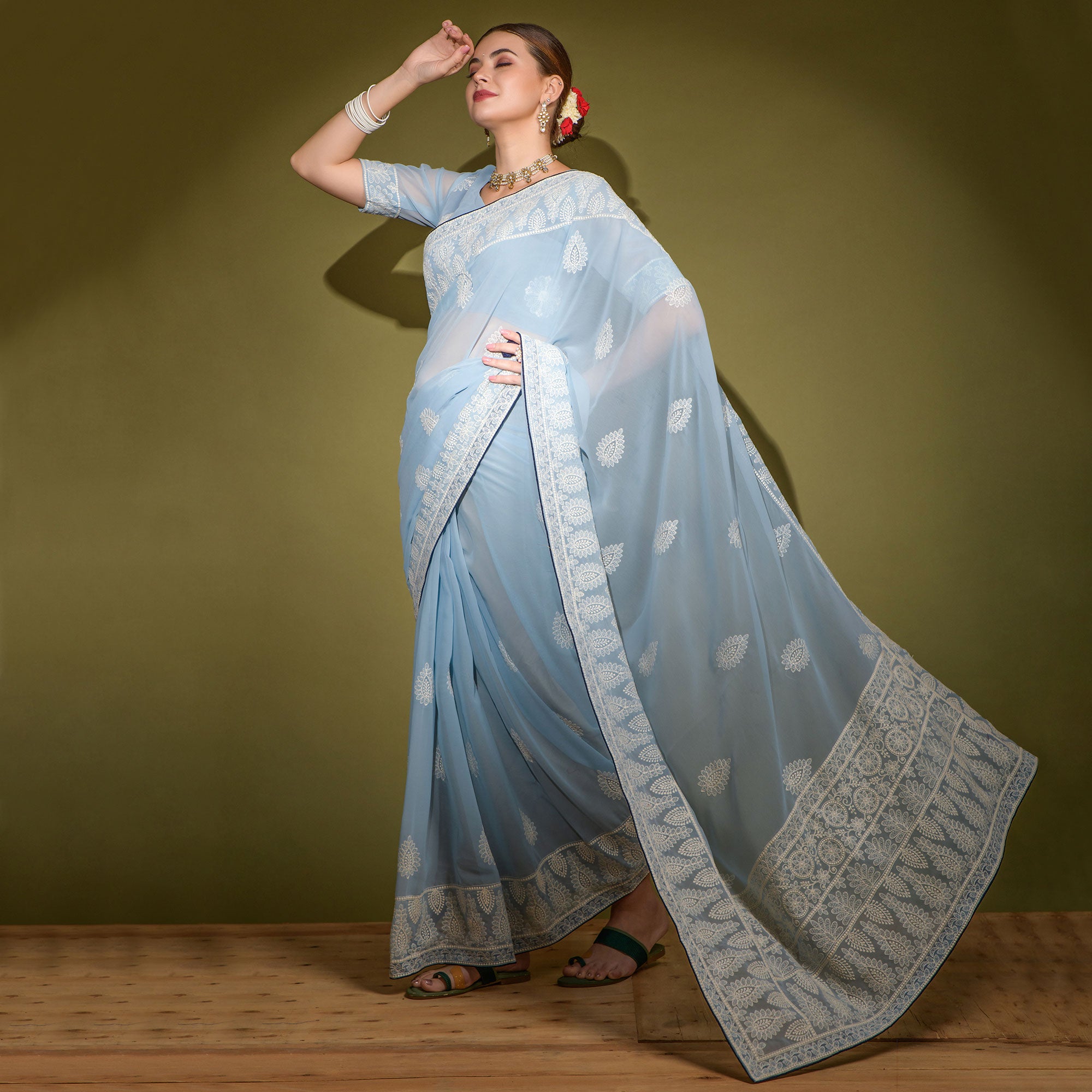 Grey Floral Embroidered Georgette Saree