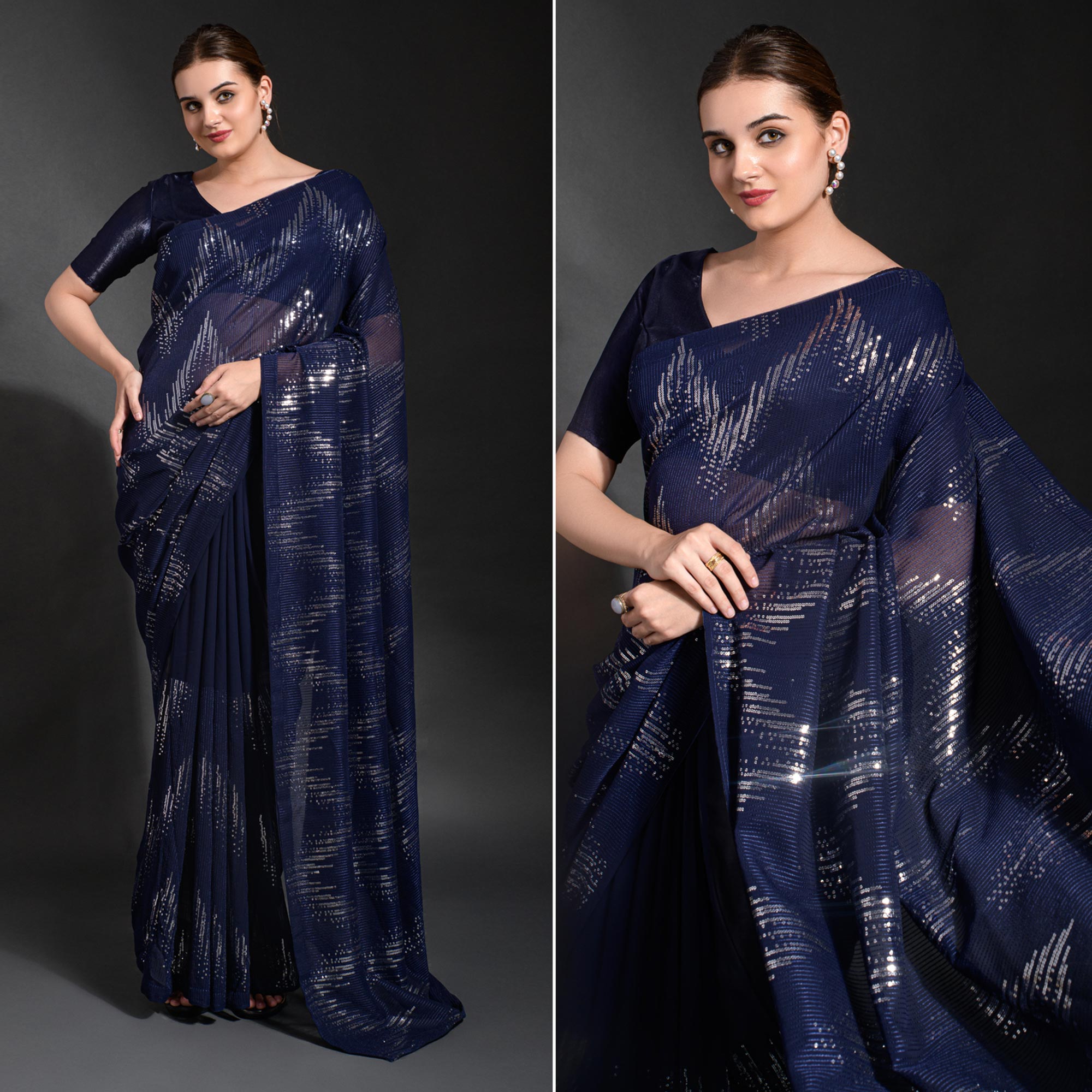 Navy Blue Sequins Embroidered Georgette Saree