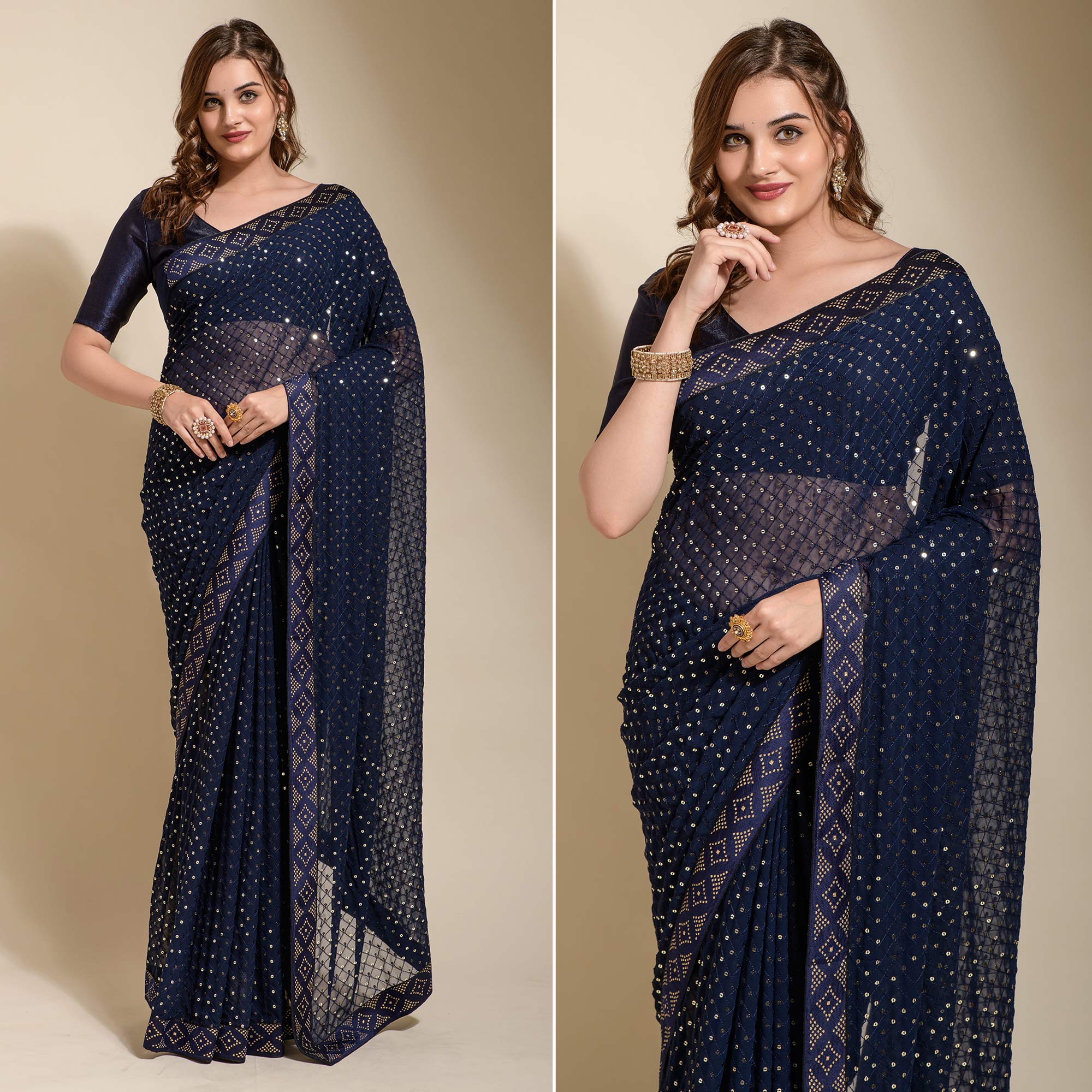 Navy Blue Sequins Embroidered Georgette Saree