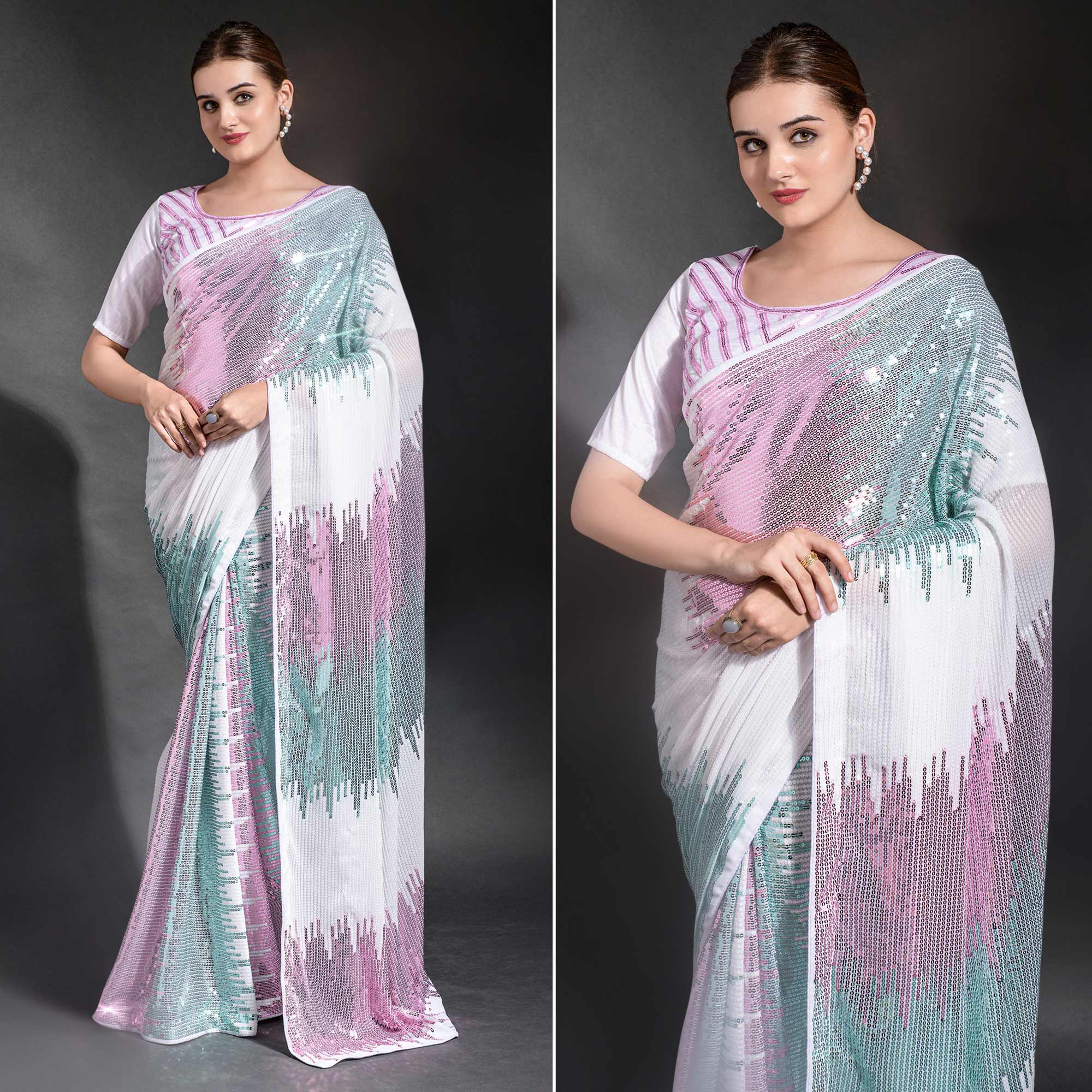 White & Pink Sequins Embroidered Georgette Saree