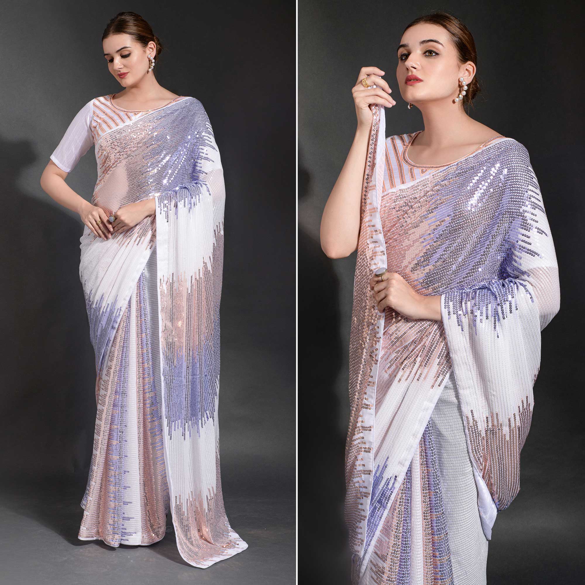 White & Purple Sequins Embroidered Georgette Saree