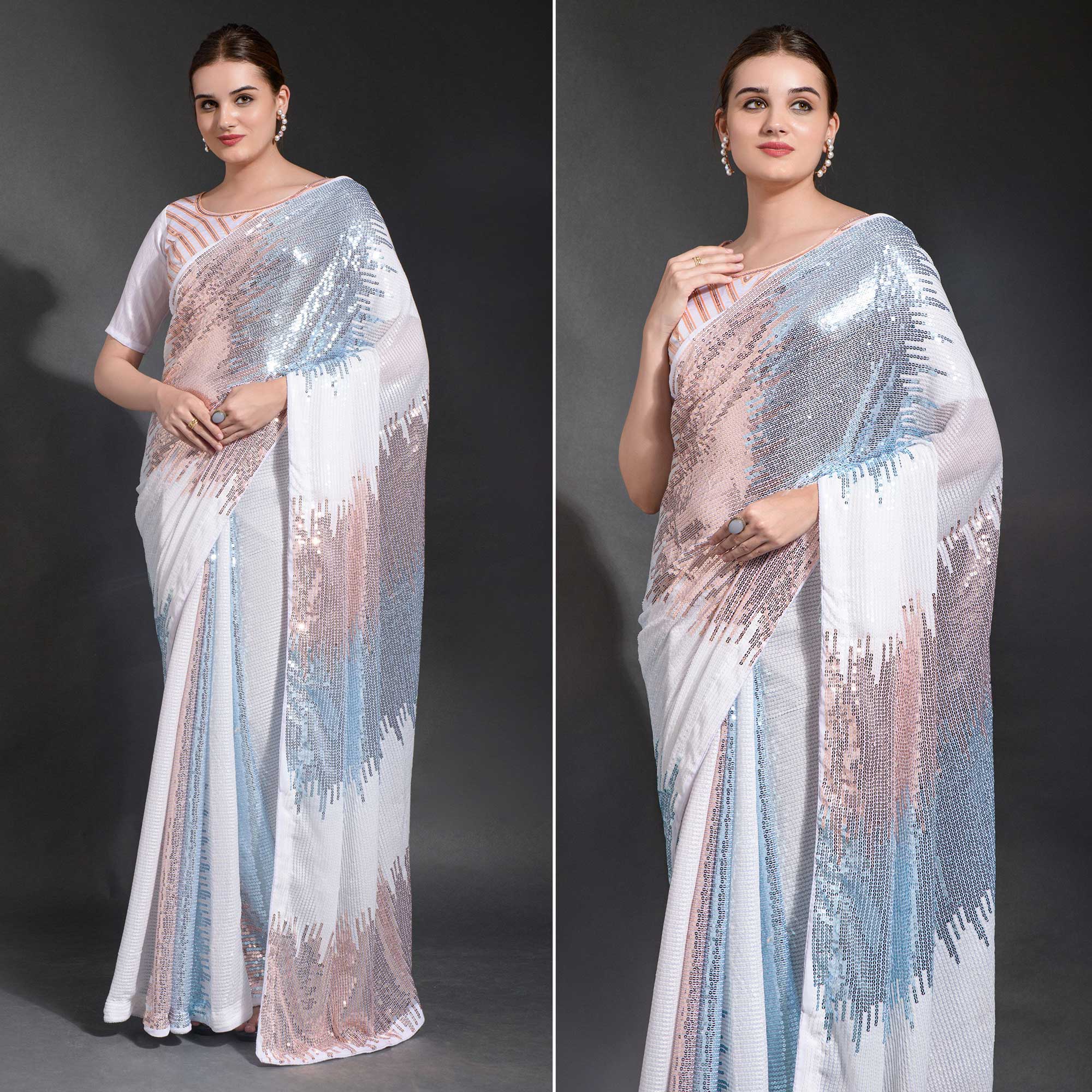 White & Sky Blue Sequins Embroidered Georgette Saree