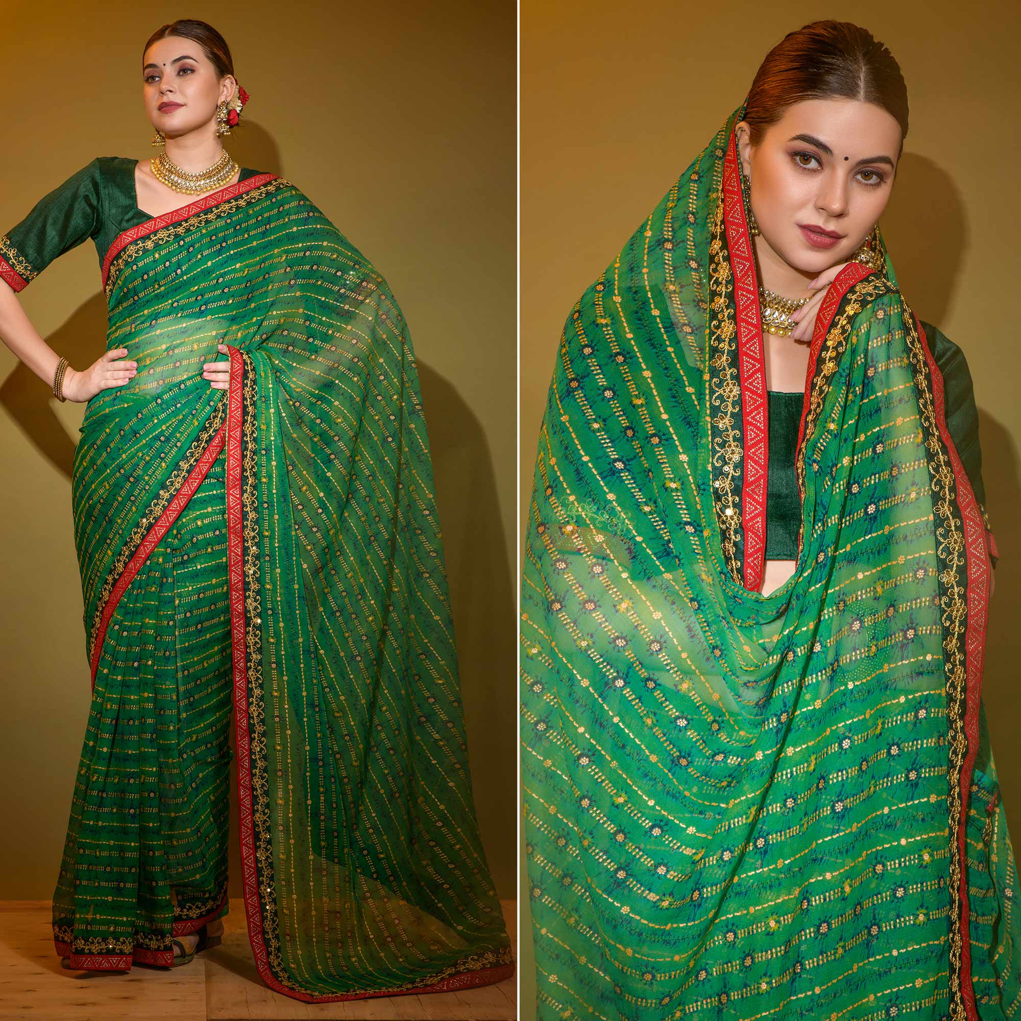 Green Foil Printed Georgette Saree With Embroidered Border