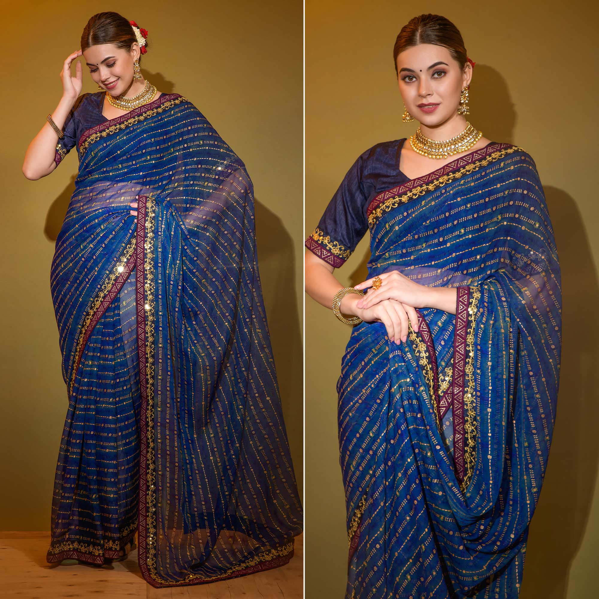 Blue Foil Printed Georgette Saree With Embroidered Border