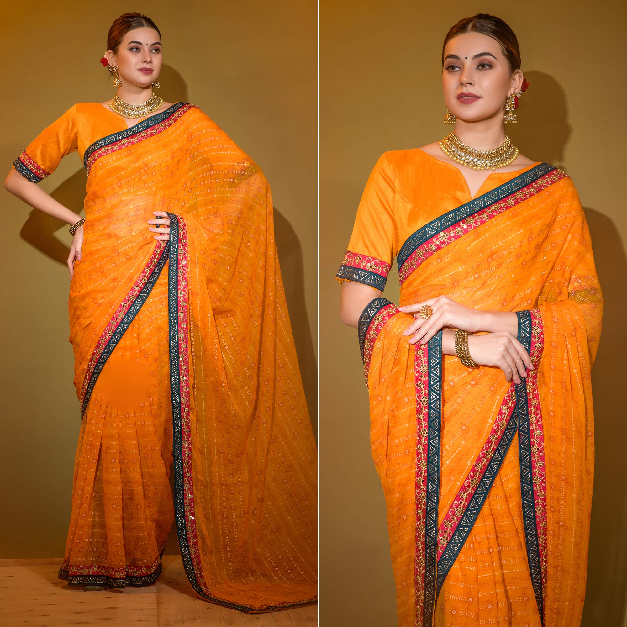 Orange Foil Printed Georgette Saree With Embroidered Border