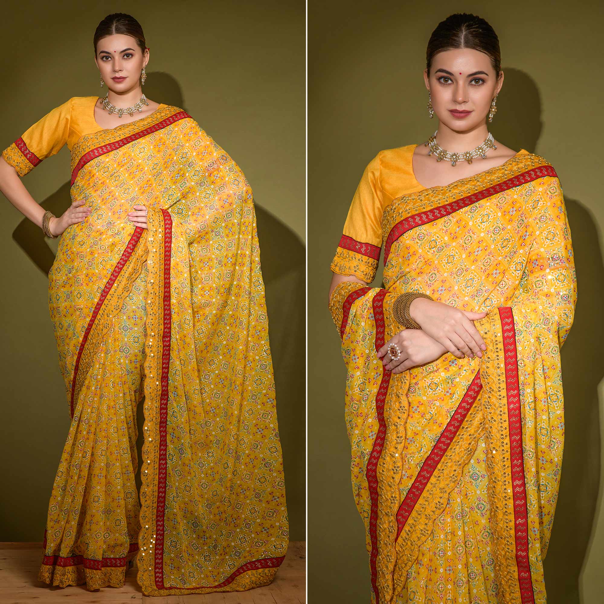 Yellow Patola Foil Printed Georgette Saree with Embroidered Border