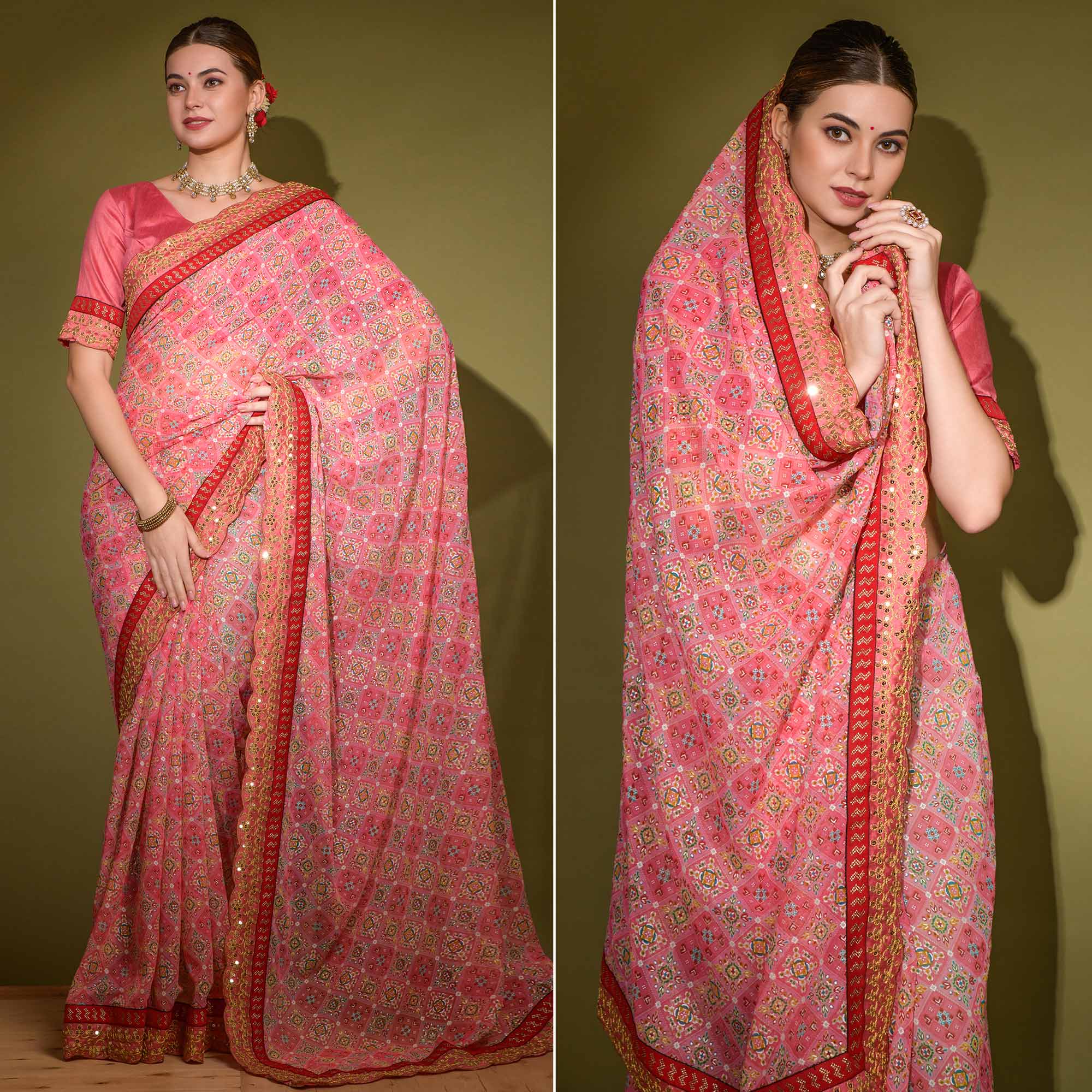 Pink Patola Foil Printed Georgette Saree with Embroidered Border