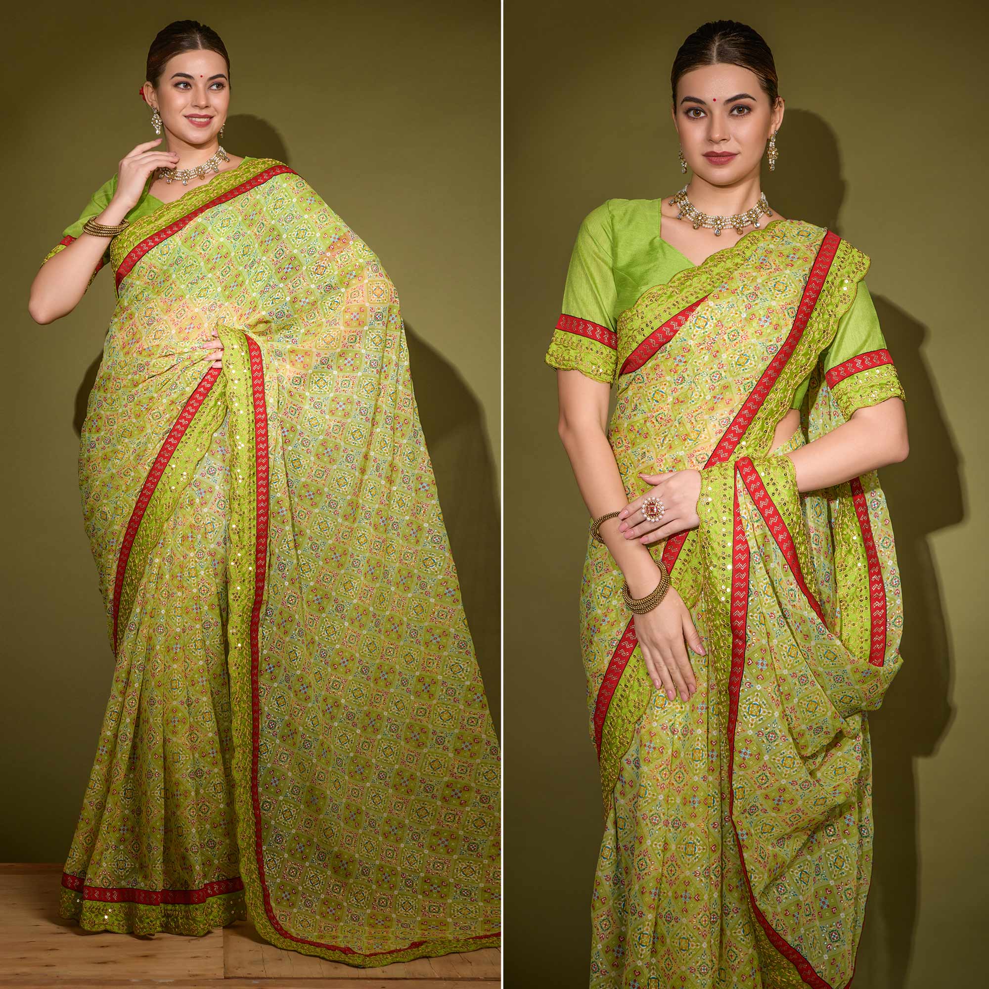 Yellow Patola Foil Printed Georgette Saree with Embroidered Border