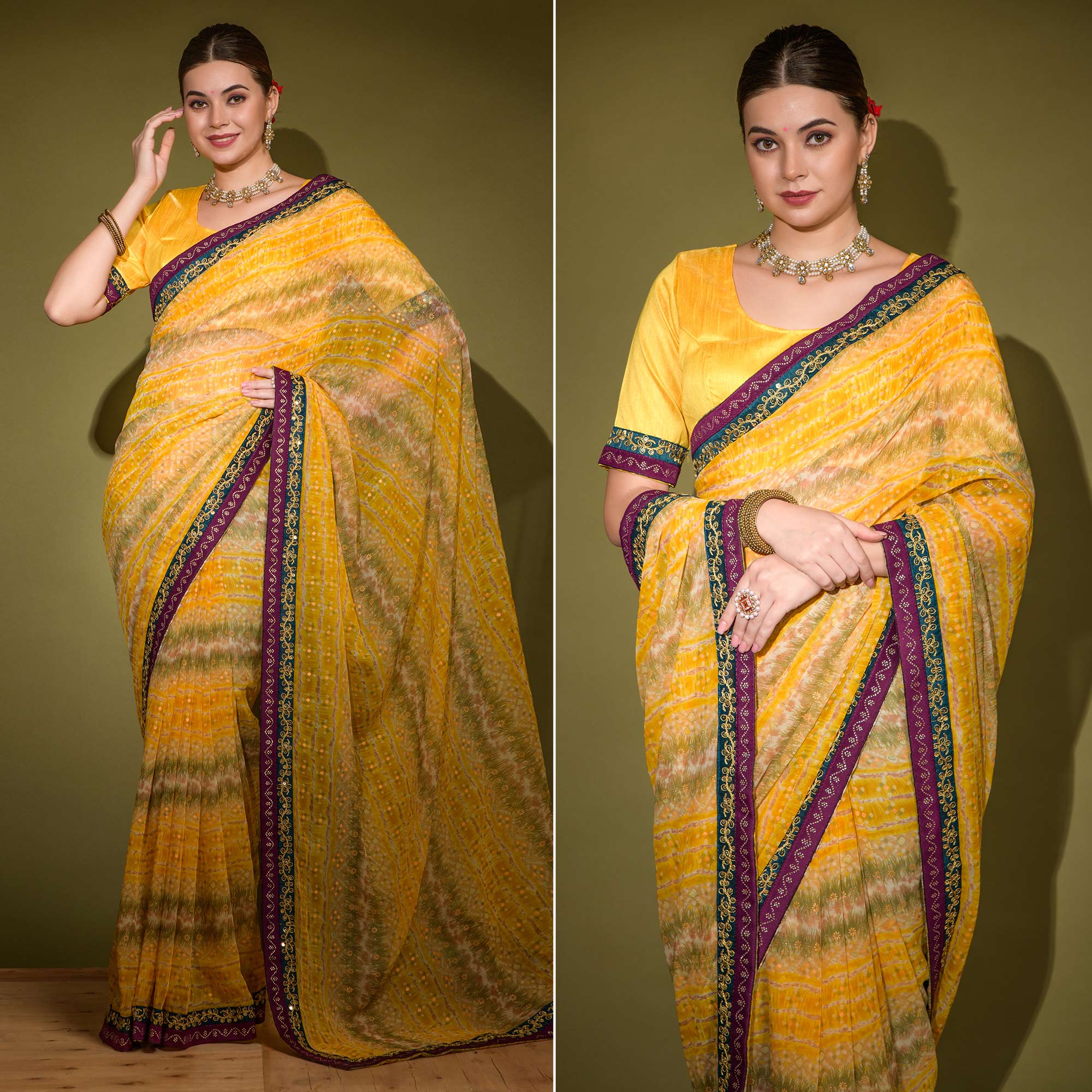 Yellow Leheriya Printed Georgette Saree With Embroidered Border