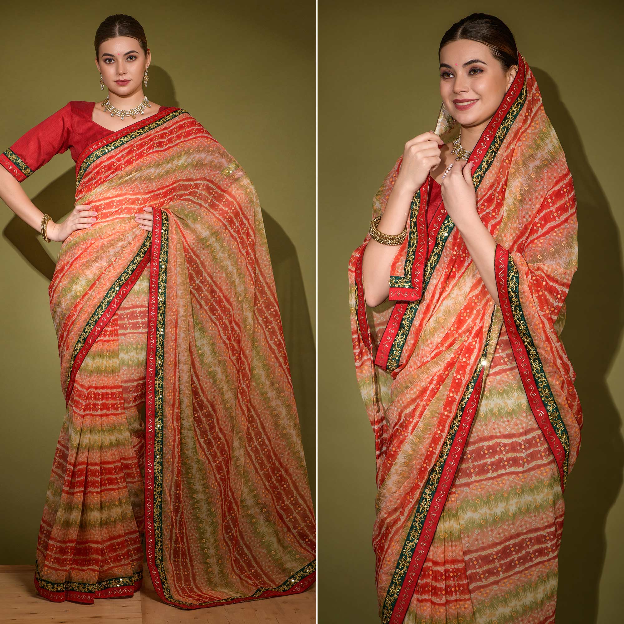 Red Leheriya Printed Georgette Saree With Embroidered Border