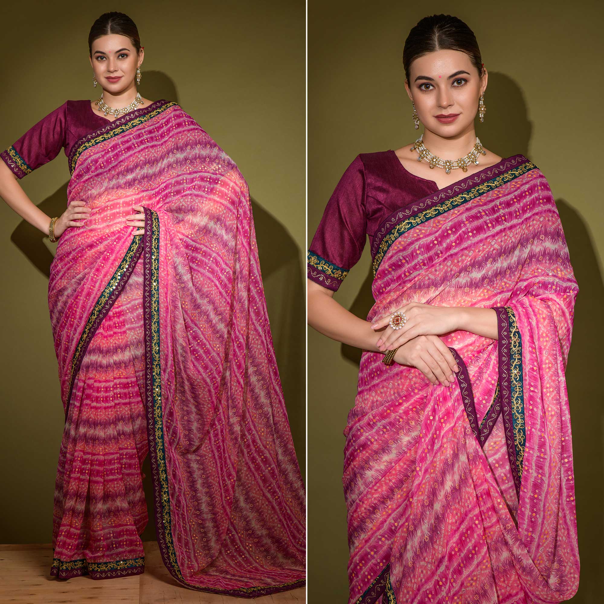 Pink Leheriya Printed Georgette Saree With Embroidered Border