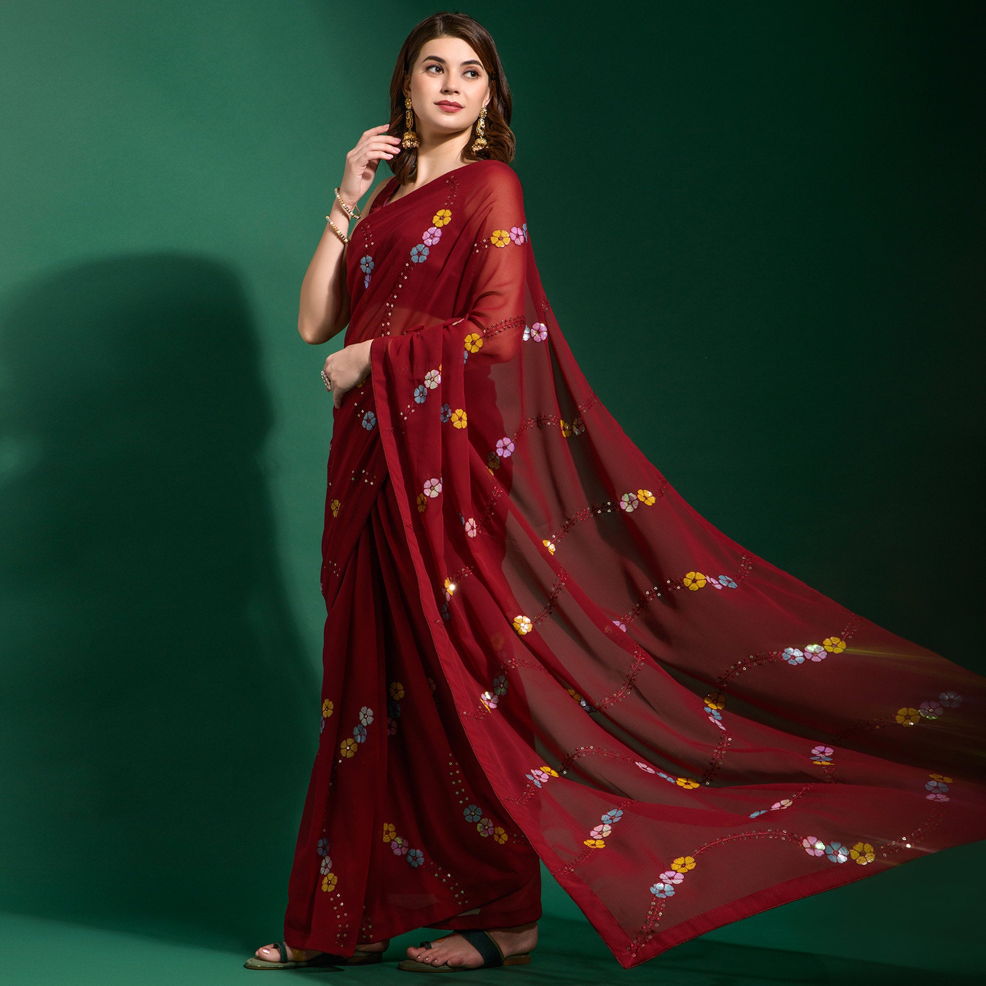 Maroon Sequins Embroidered Georgette Saree