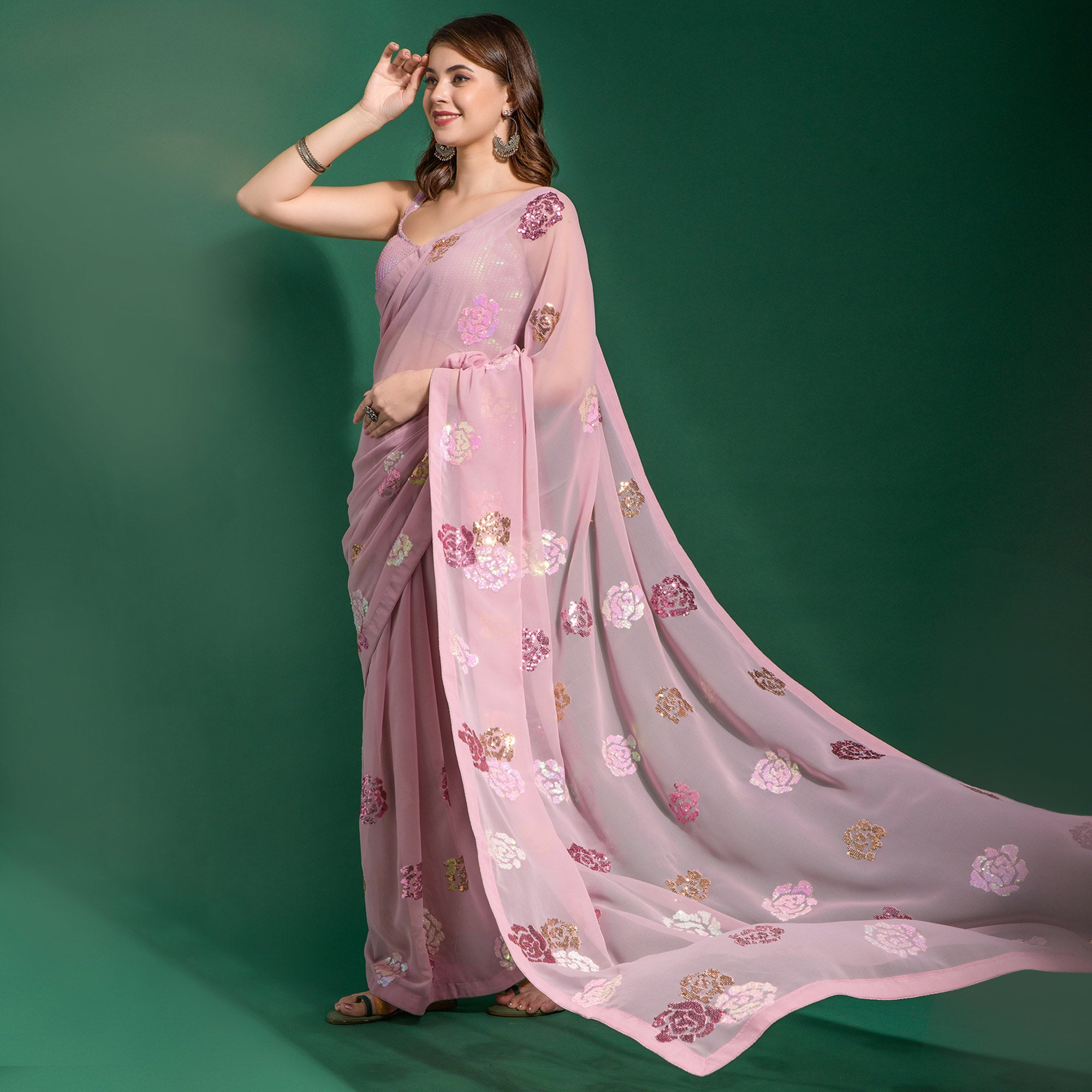 Pink Sequins Embroidered Georgette Saree