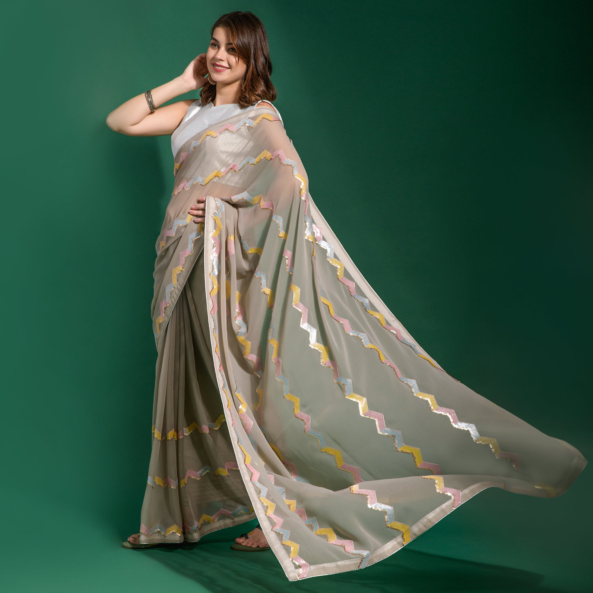 Grey Sequins Embroidered Georgette Saree