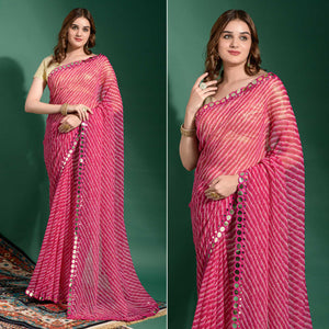 Pink Leheriya Printed With Embroidered Border Chiffon Saree