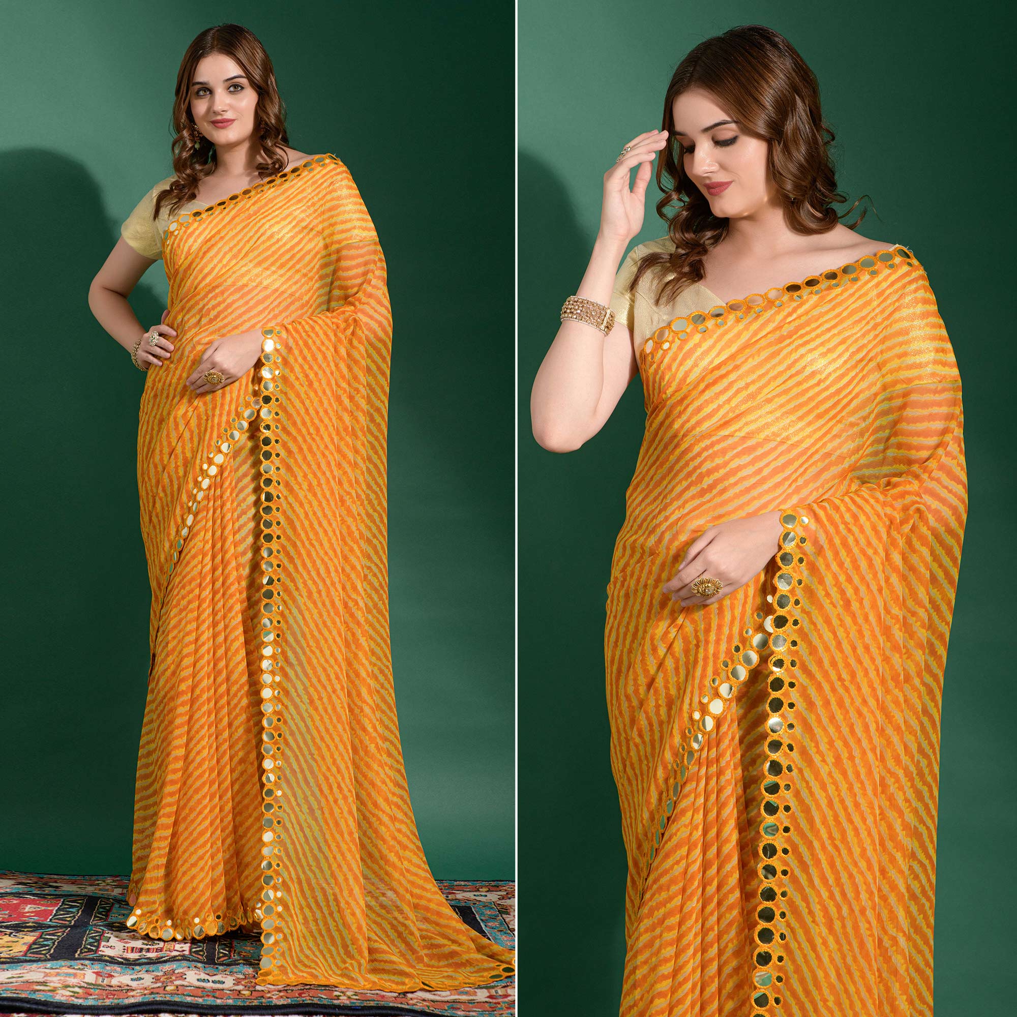 Yellow Leheriya Printed With Embroidered Border Chiffon Saree