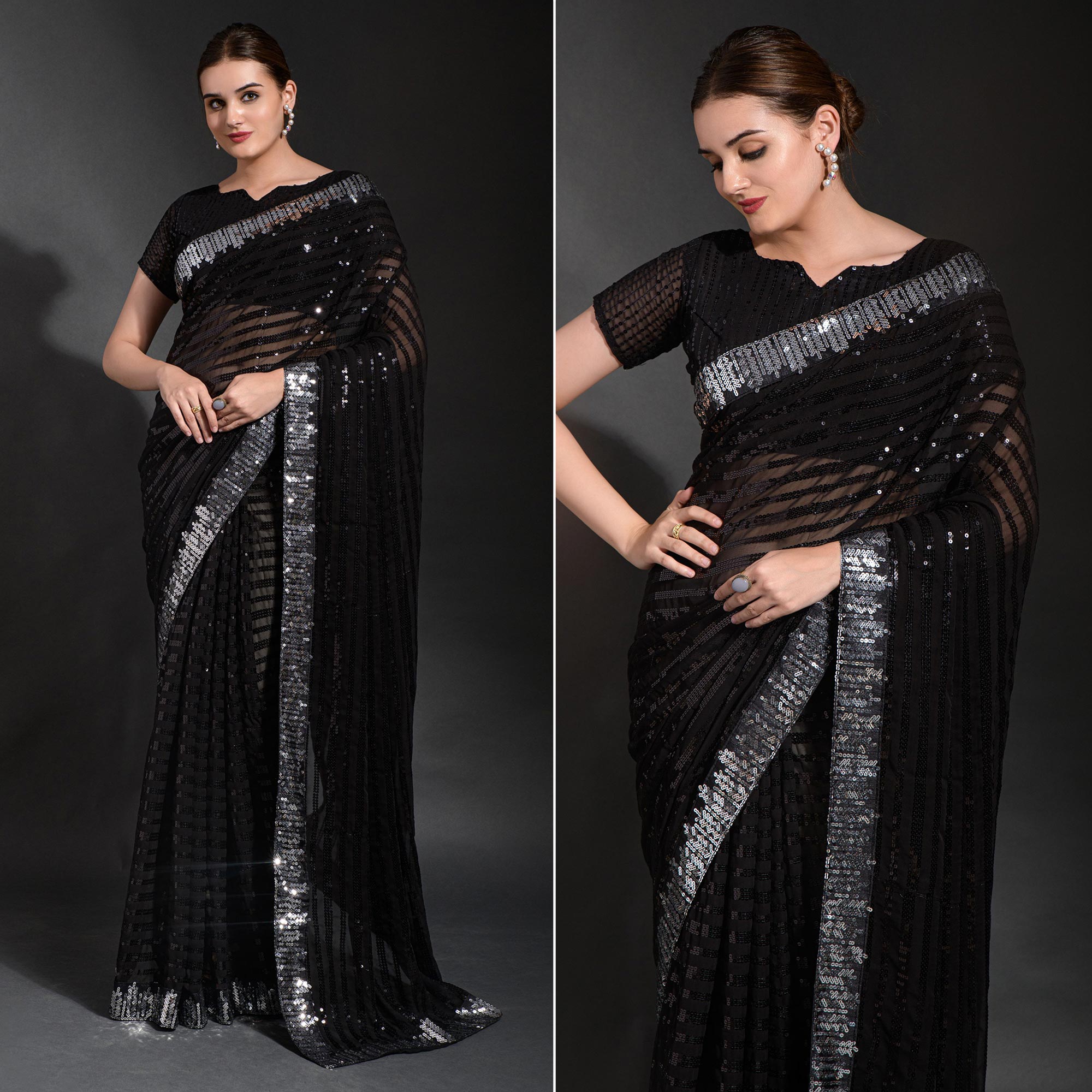 Black Sequins Embroidered Georgette Saree