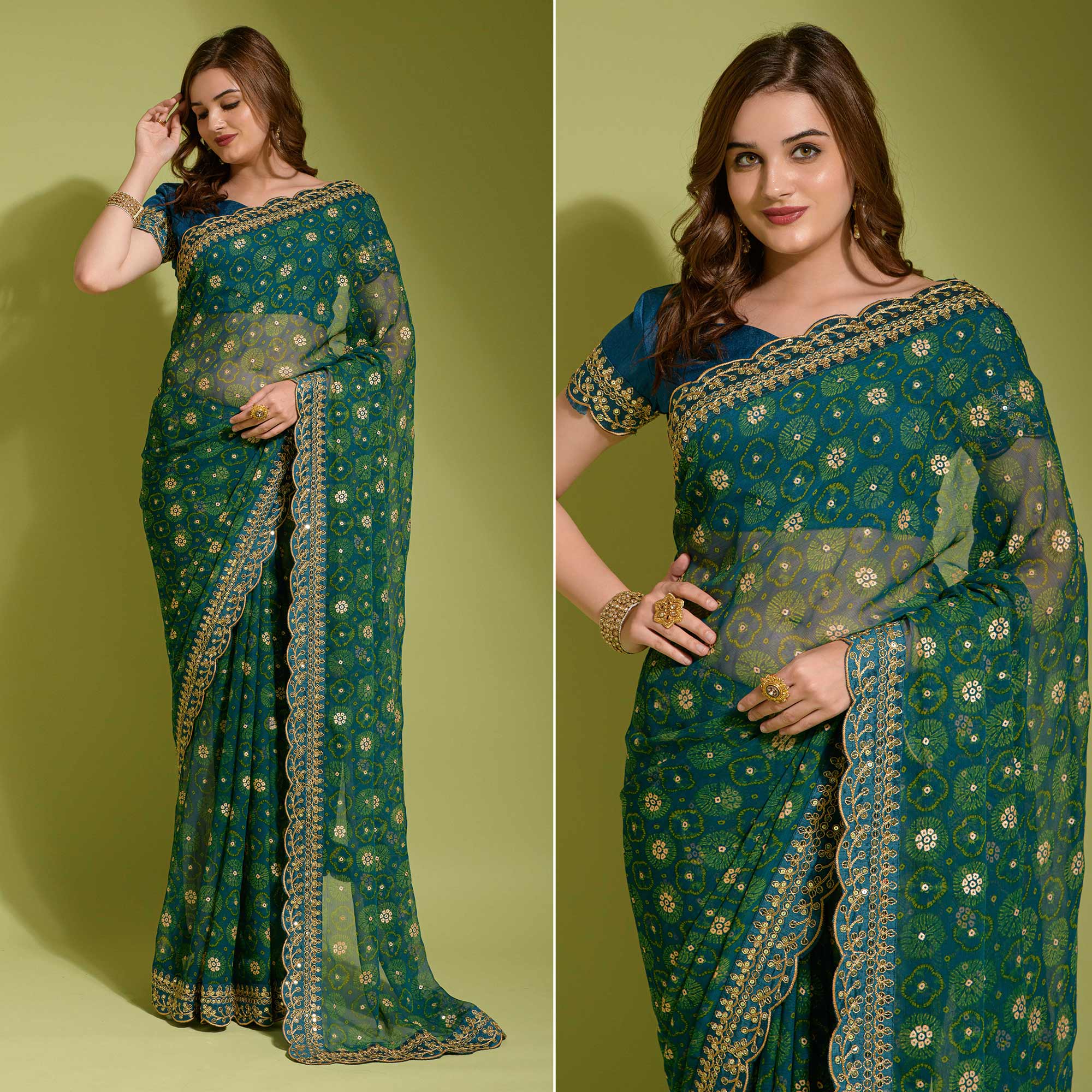 Teal Bandhani Foil Printed Georgette Saree With Embroidered Border