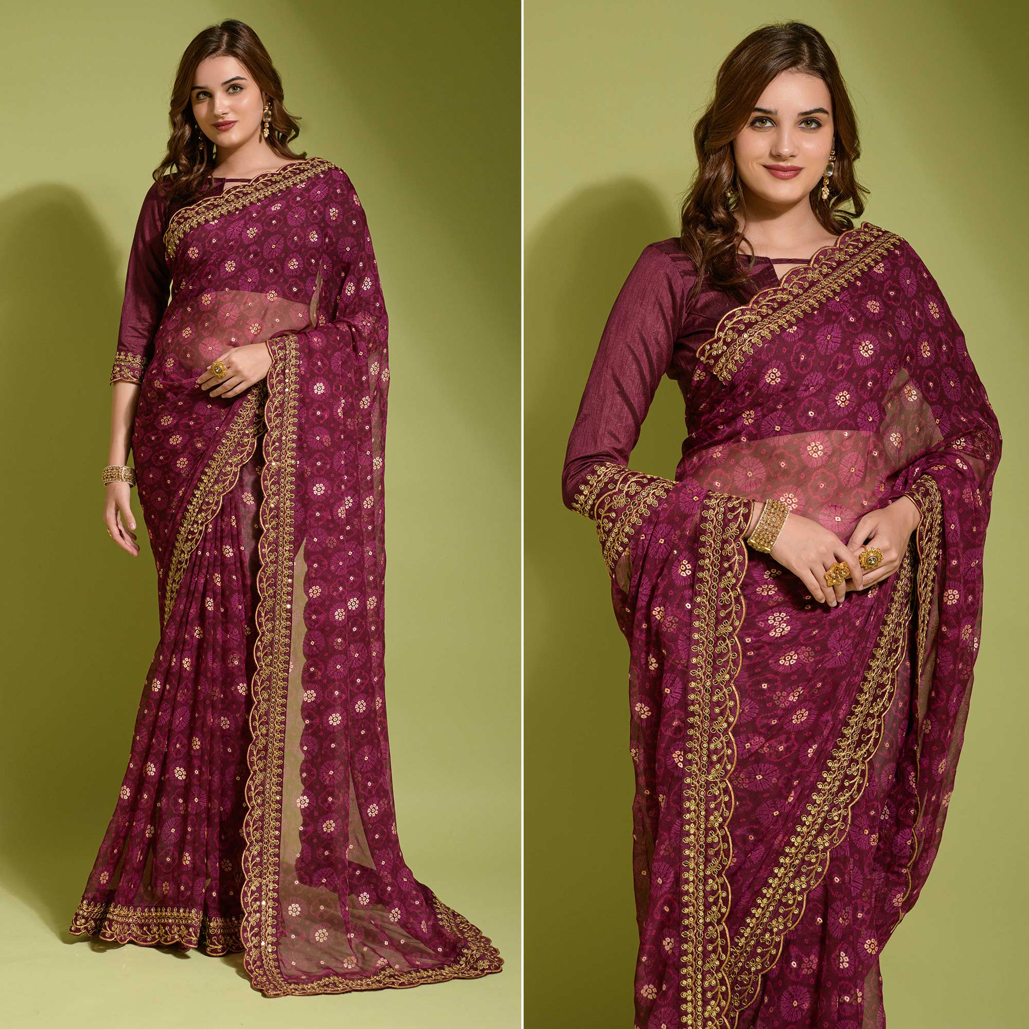 Wine Bandhani Foil Printed Georgette Saree With Embroidered Border