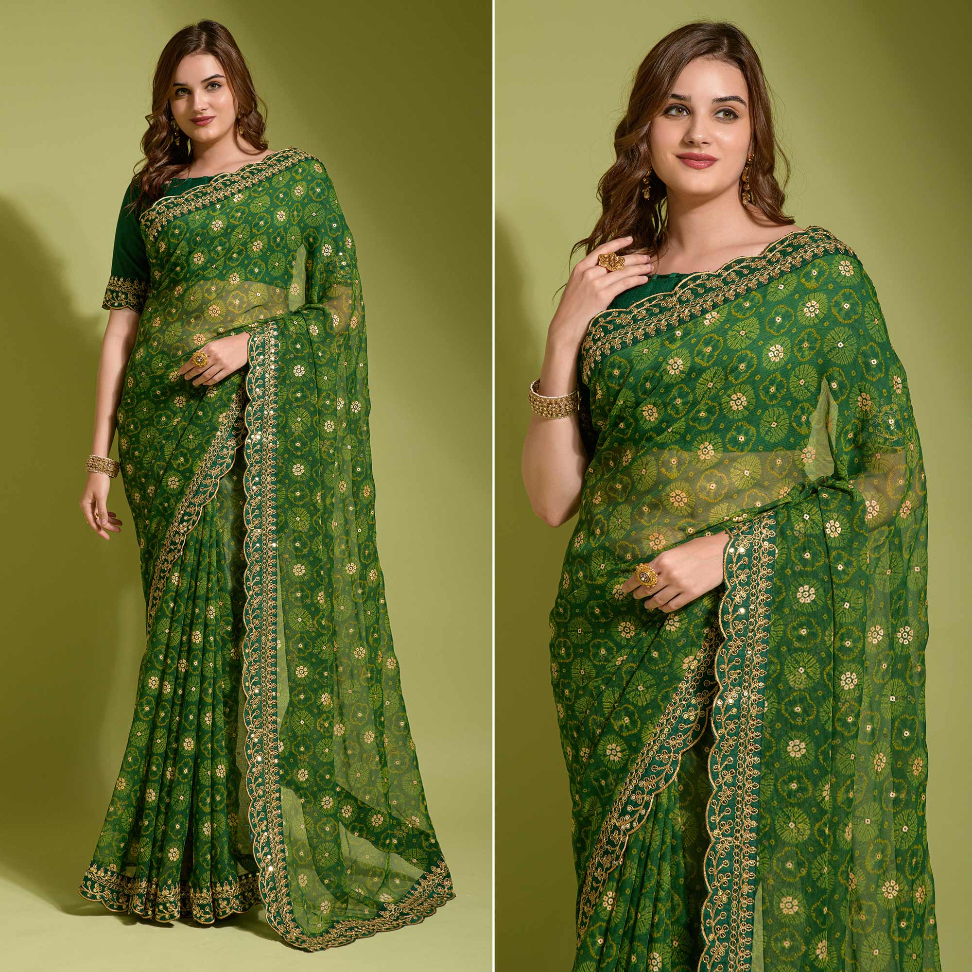 Green Bandhani Foil Printed Georgette Saree With Embroidered Border