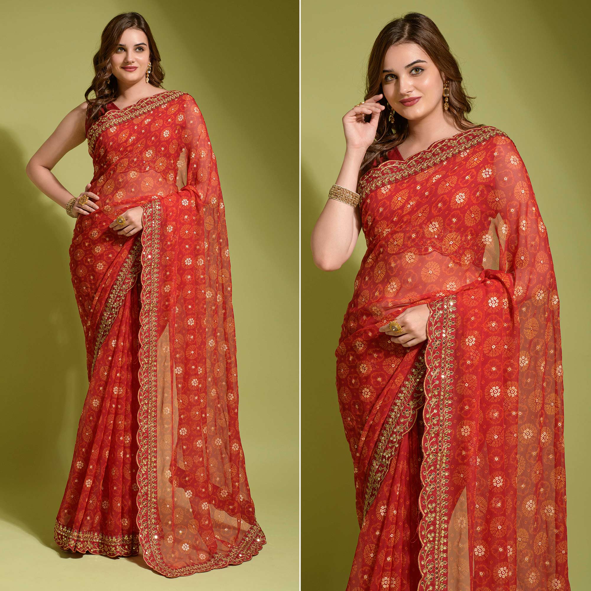 Red Bandhani Foil Printed Georgette Saree With Embroidered Border