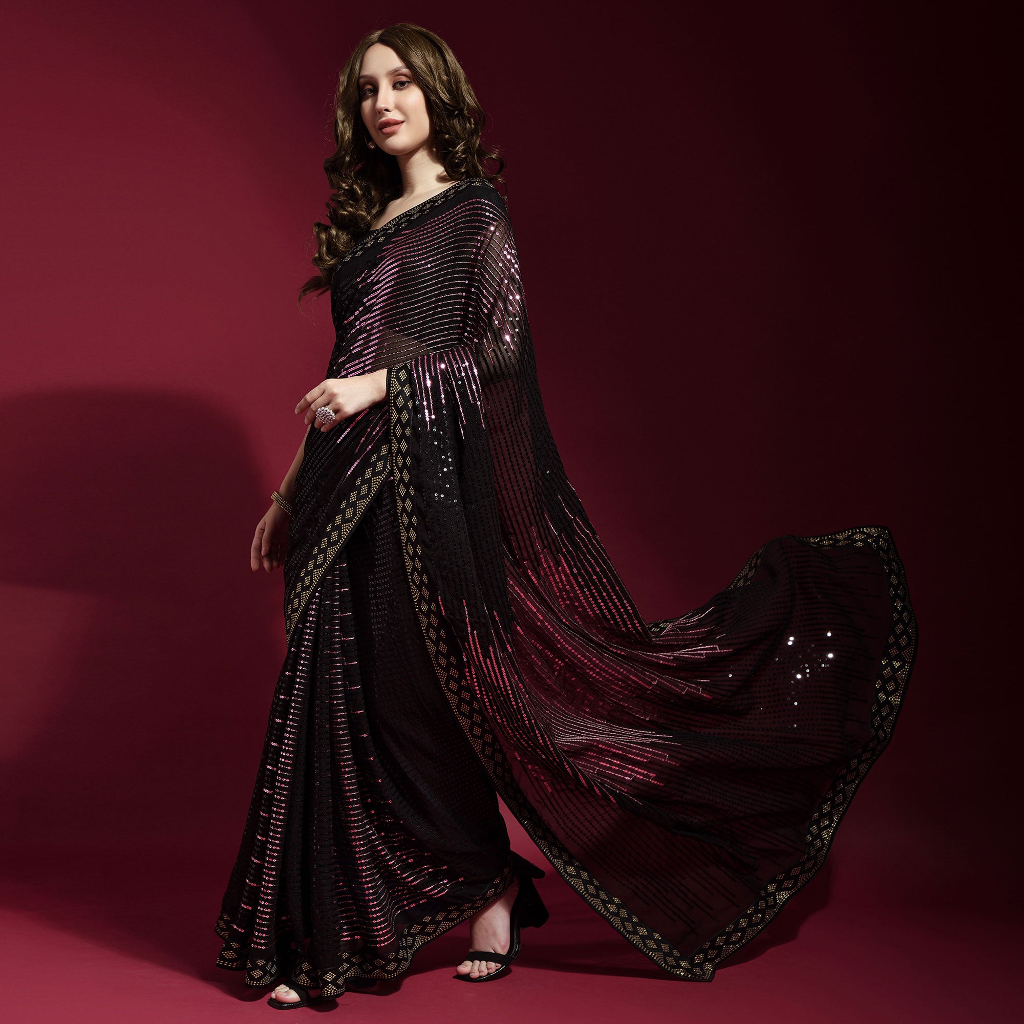 Black & Pink Sequins Embroidered Georgette Saree