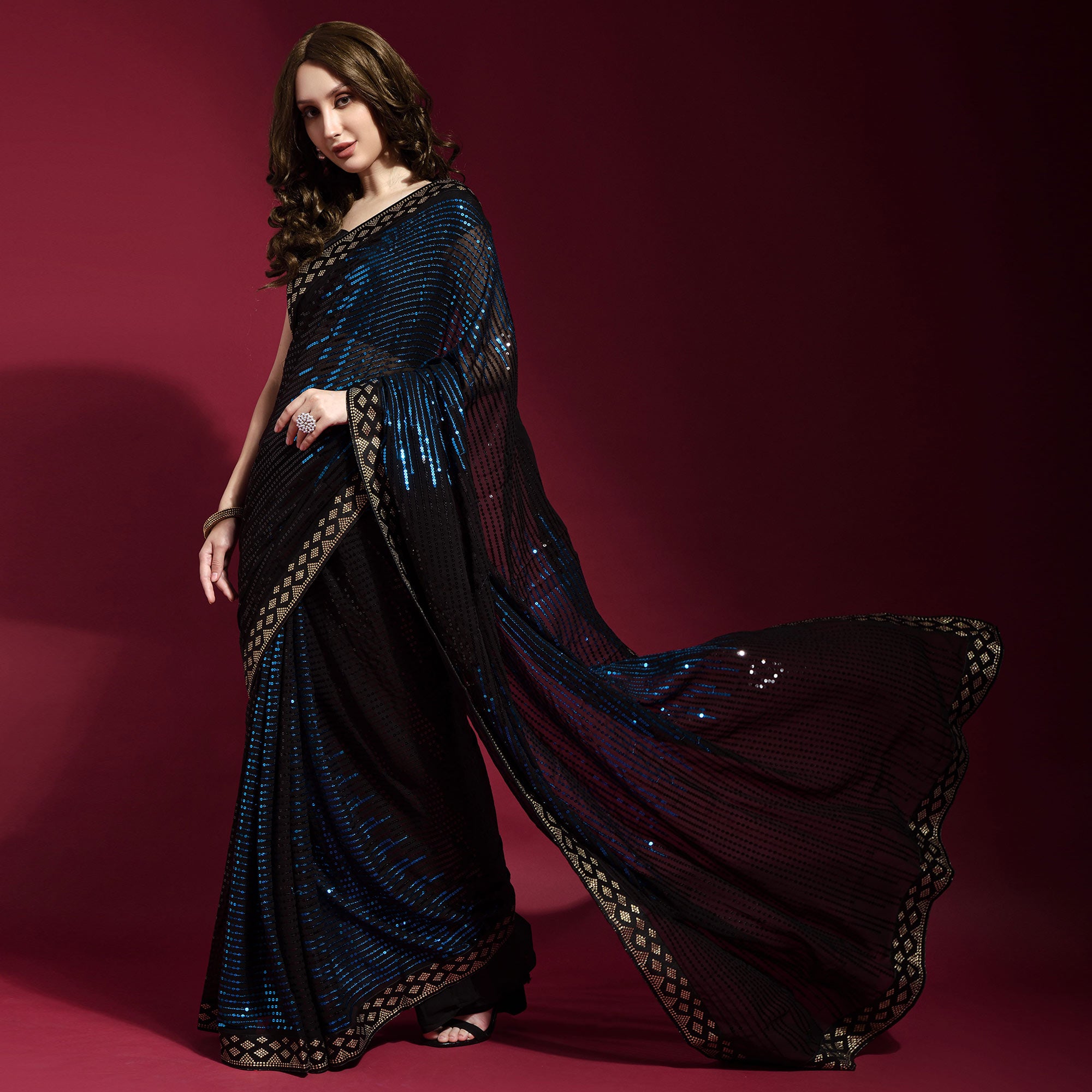 Black & Blue Sequins Embroidered Georgette Saree