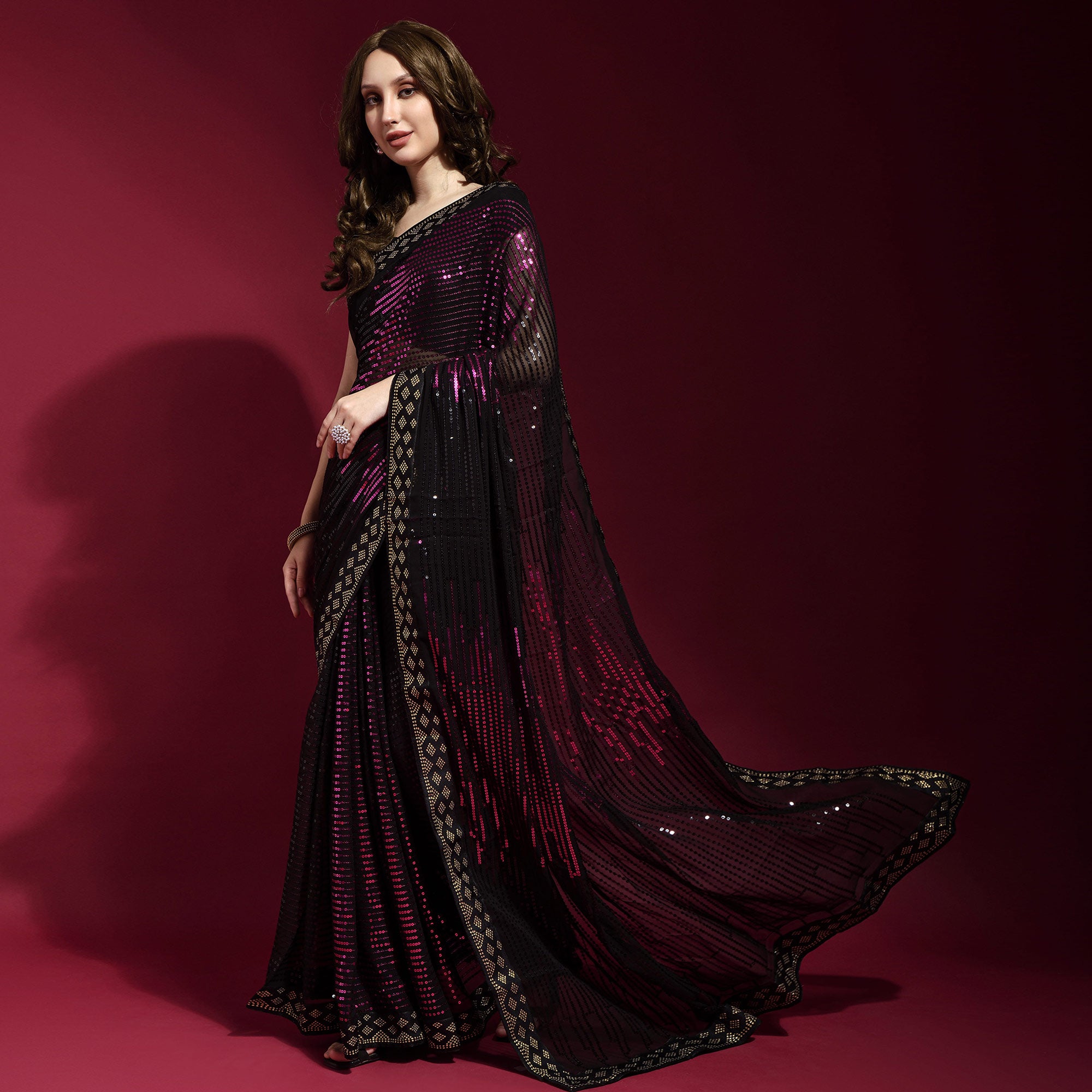 Black & Wine Sequins Embroidered Georgette Saree