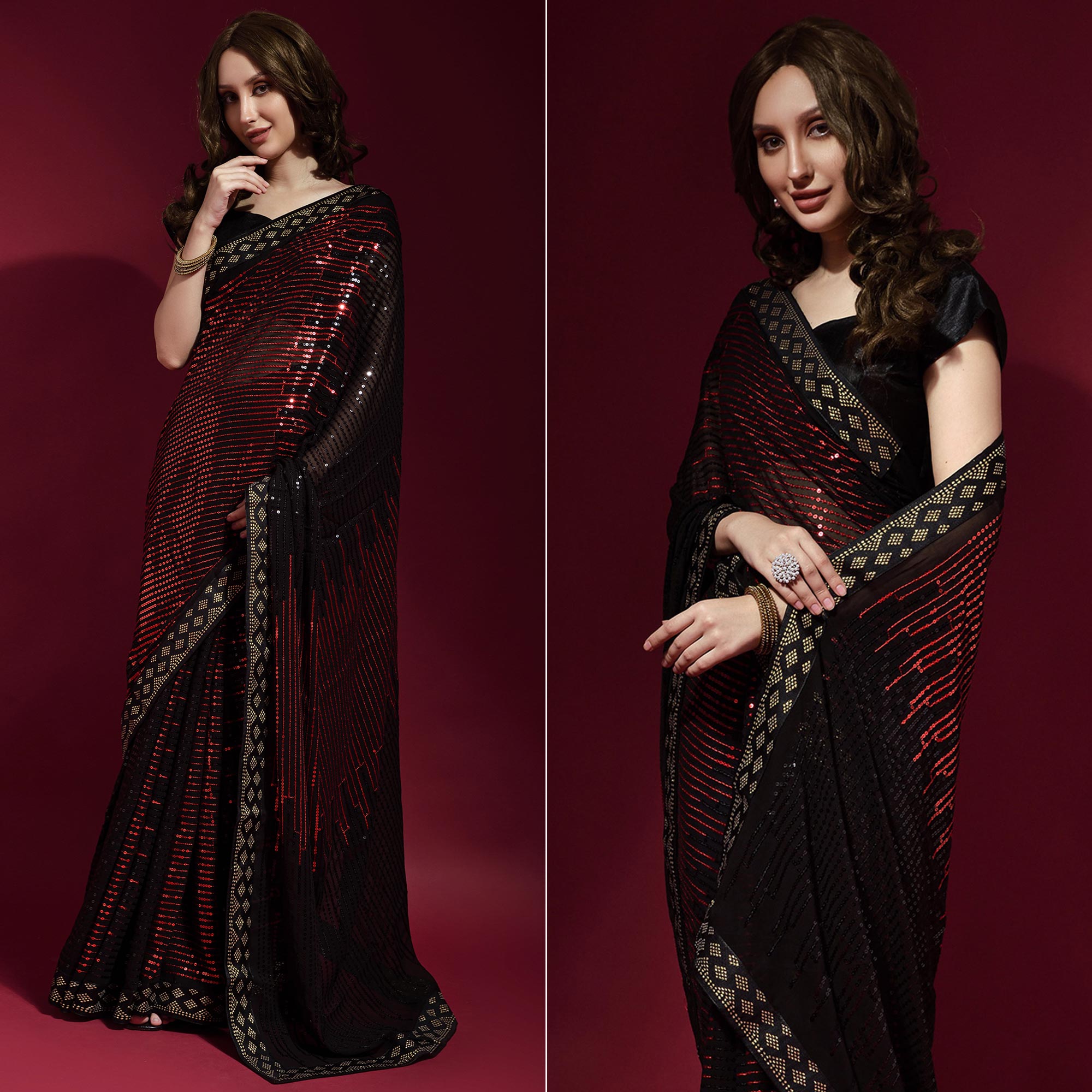 Black & Red Sequins Embroidered Georgette Saree