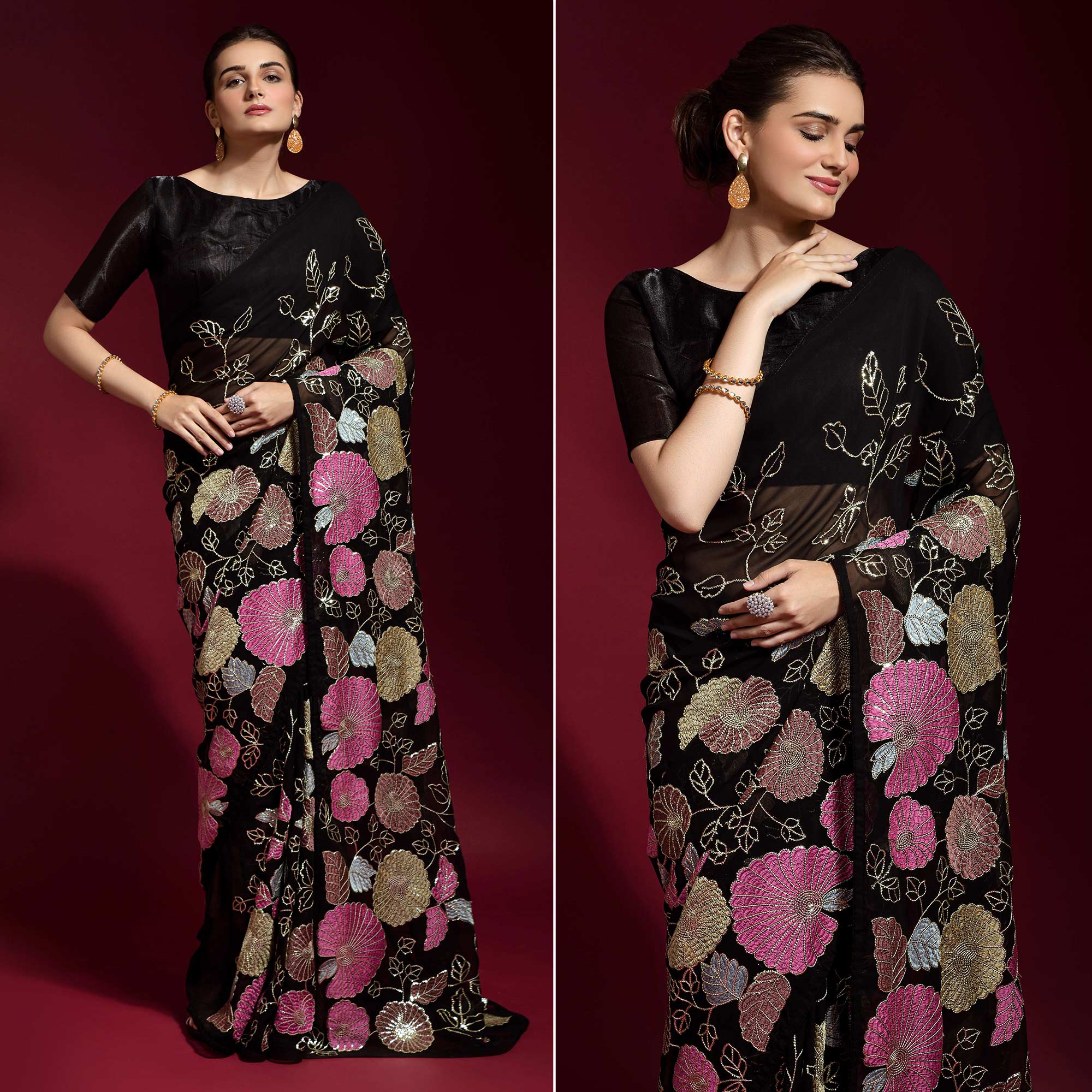 Black Floral Sequins Embroidered Georgette Saree