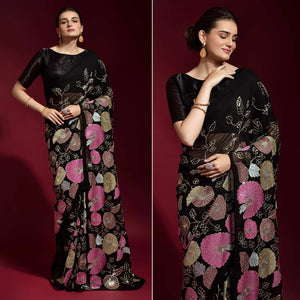 Black Floral Sequins Embroidered Georgette Saree