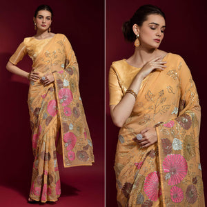 Orange Floral Sequins Embroidered Georgette Saree