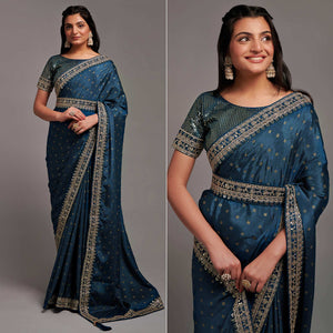 Blue Sequins Embroidered Border Chinon Saree