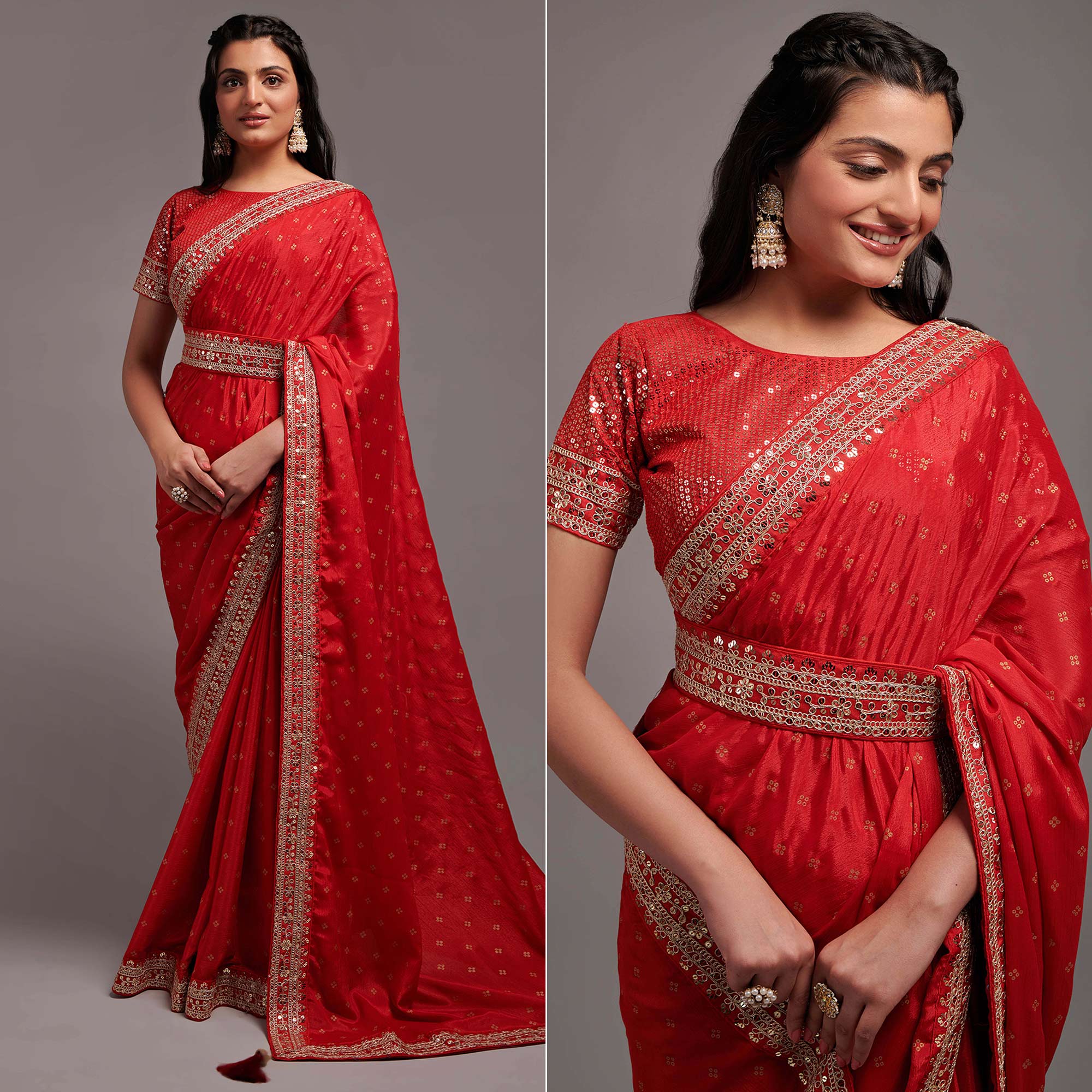 Red Sequins Embroidered Border Chinon Saree