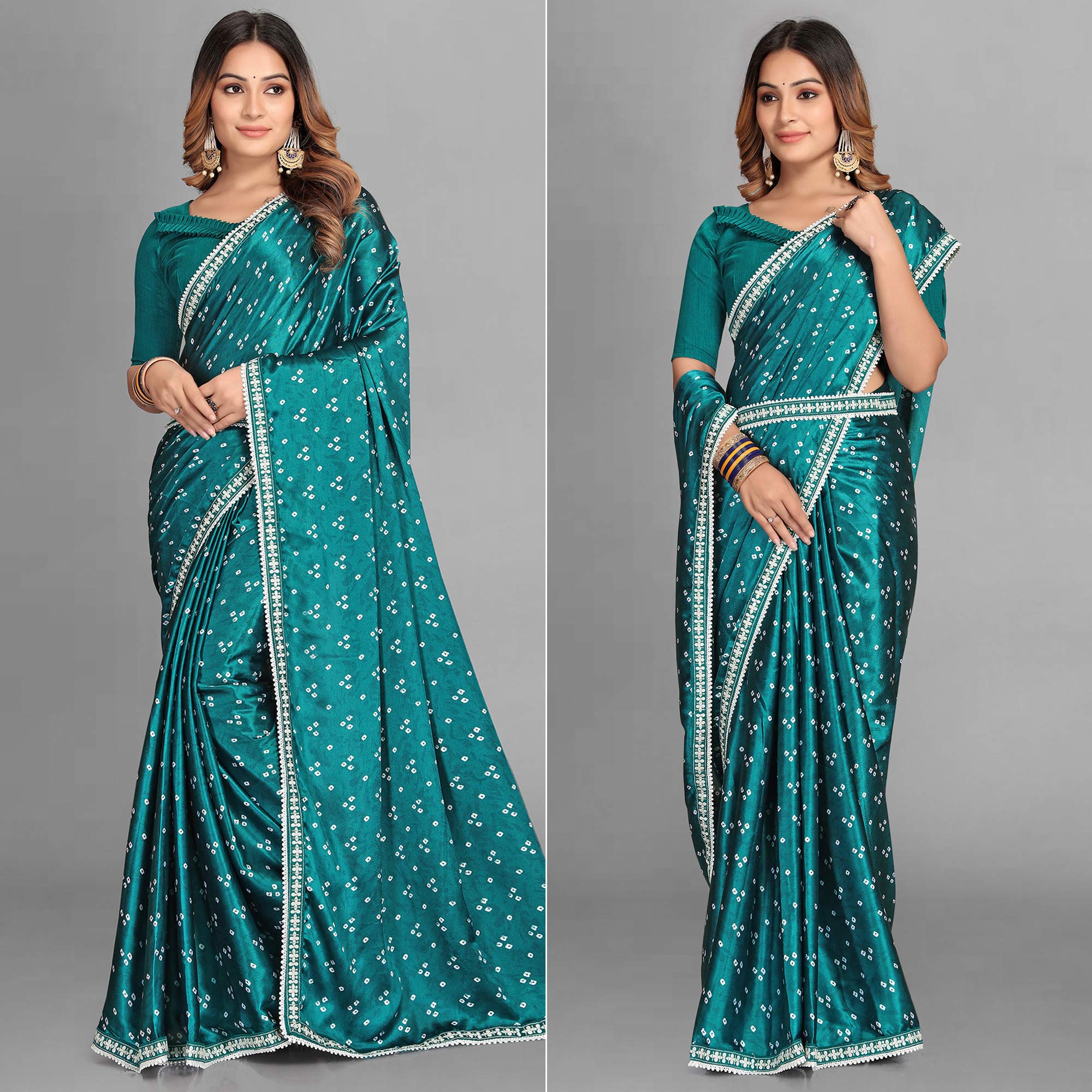 Rama Blue Bandhani Printed Satin Saree