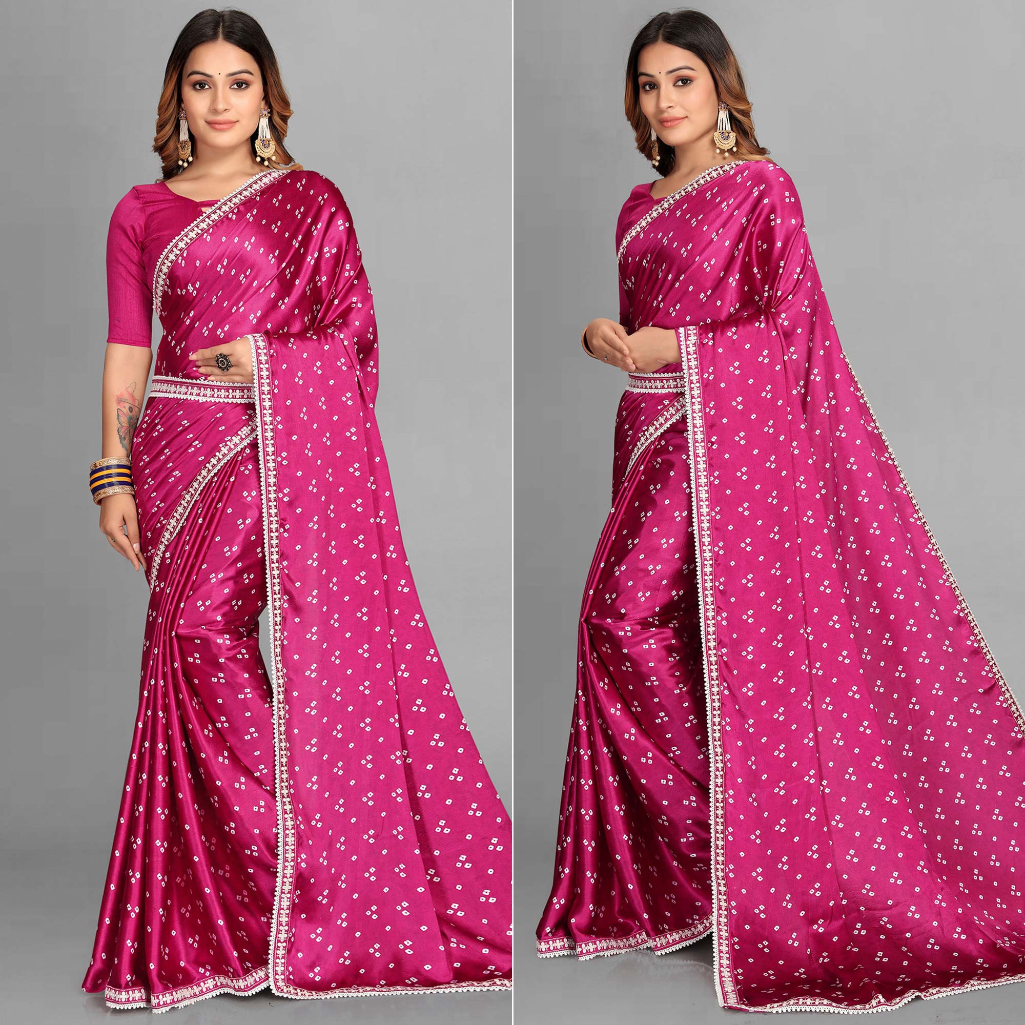 Pink Bandhani Printed Satin Saree