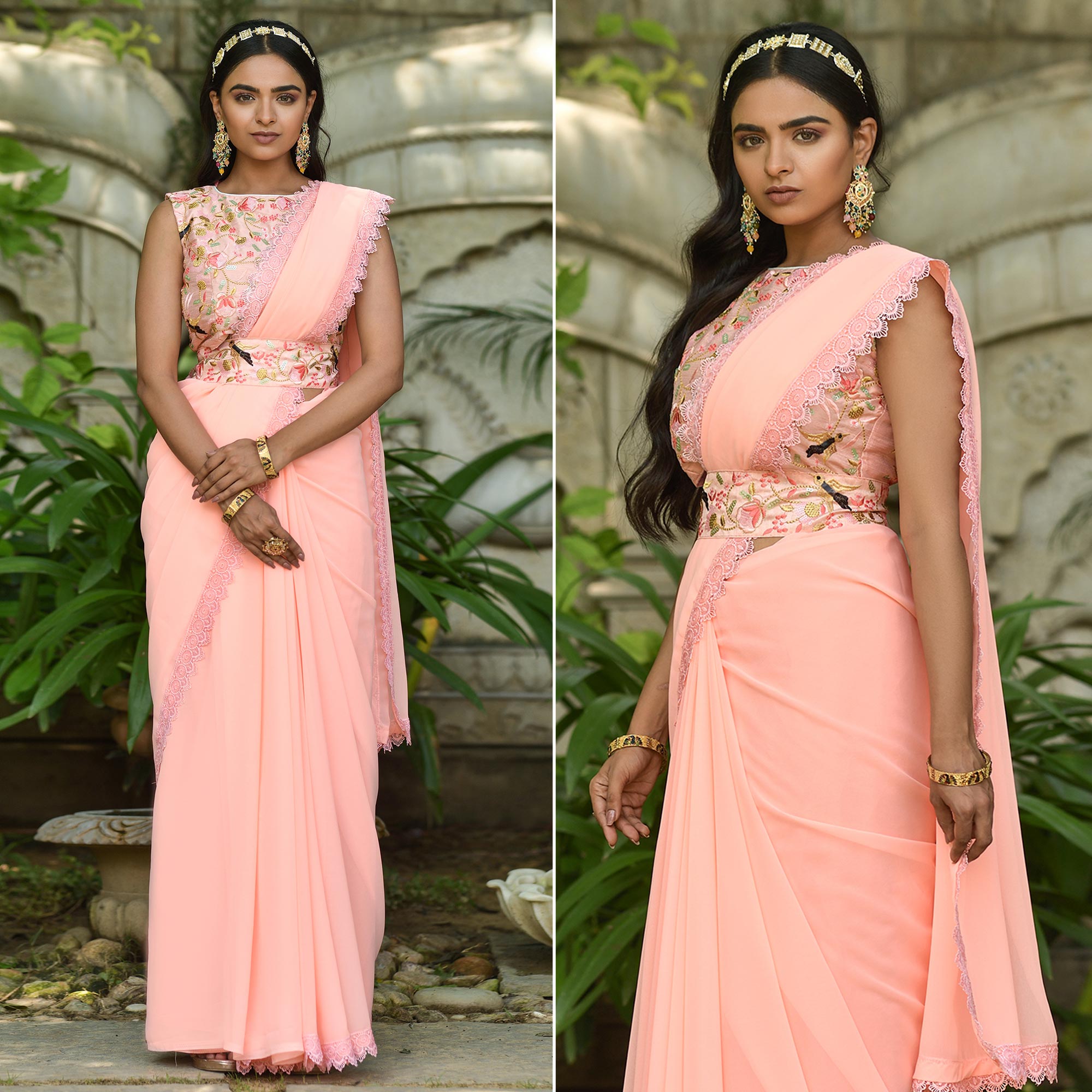 Peach Solid Georgette Saree With Embroidered Blouse Piece