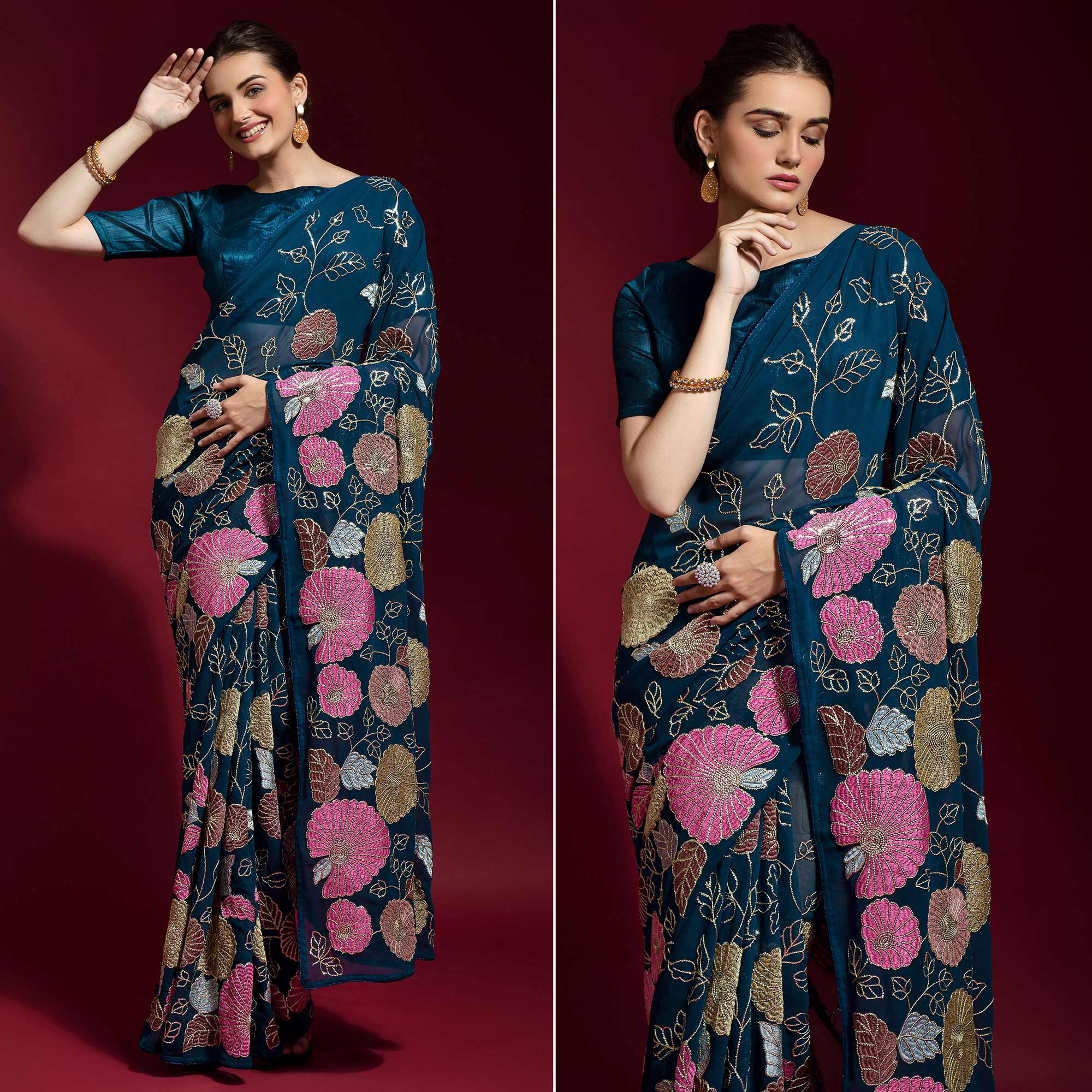 Blue Floral Sequins Embroidered Georgette Saree