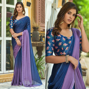 Blue & Purple Solid Chiffon Saree With Tassels
