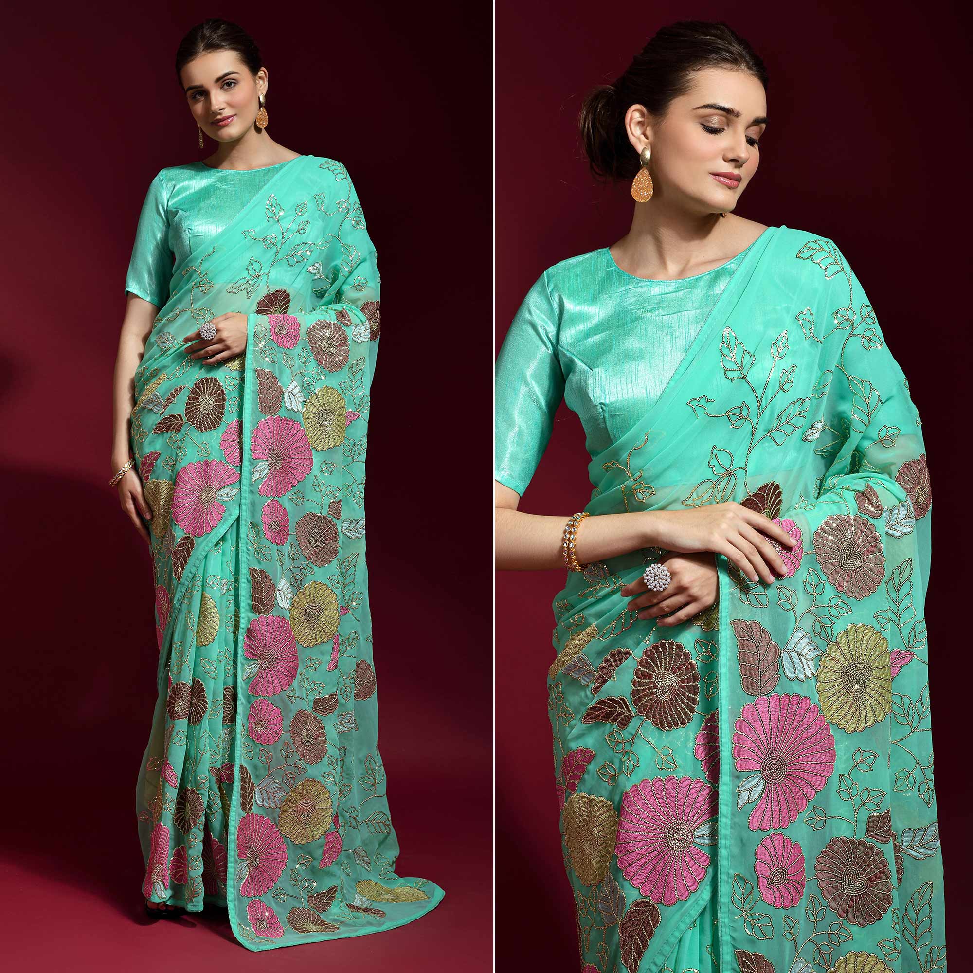 Sea Green Floral Sequins Embroidered Georgette Saree