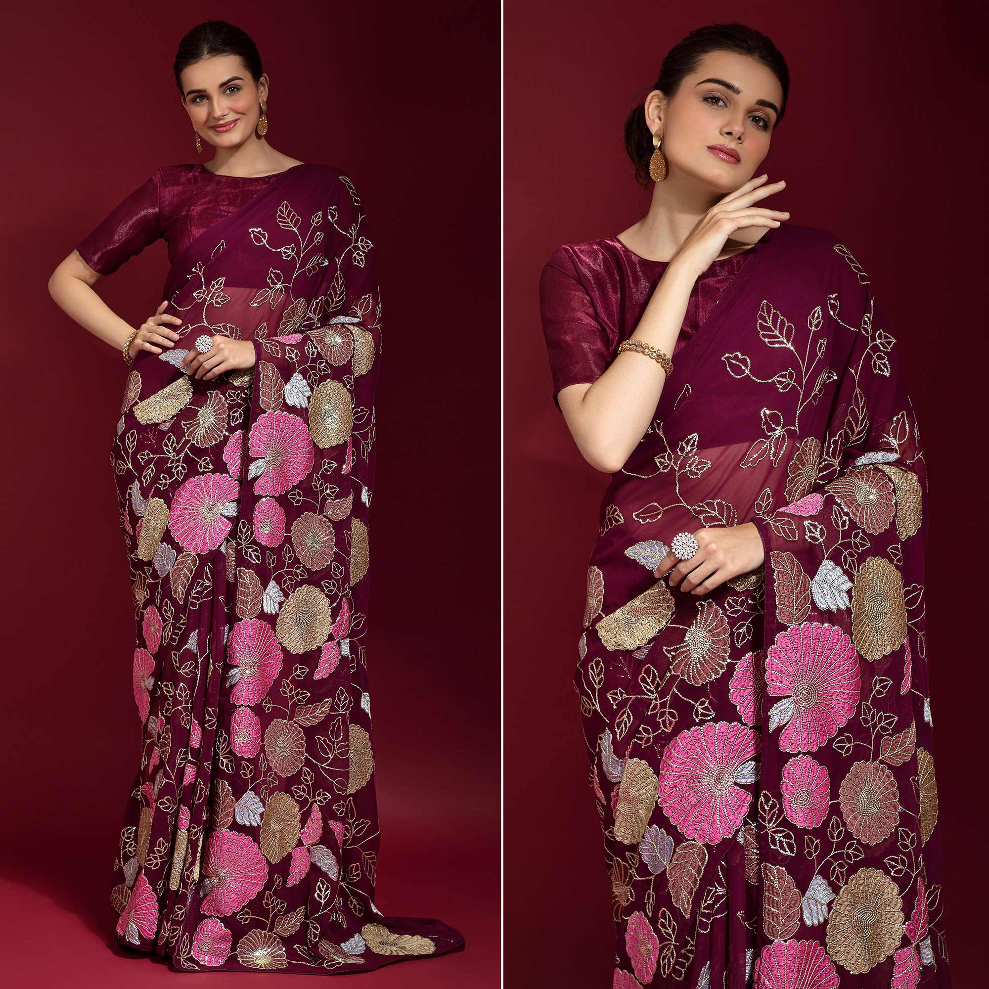 Wine Floral Sequins Embroidered Georgette Saree