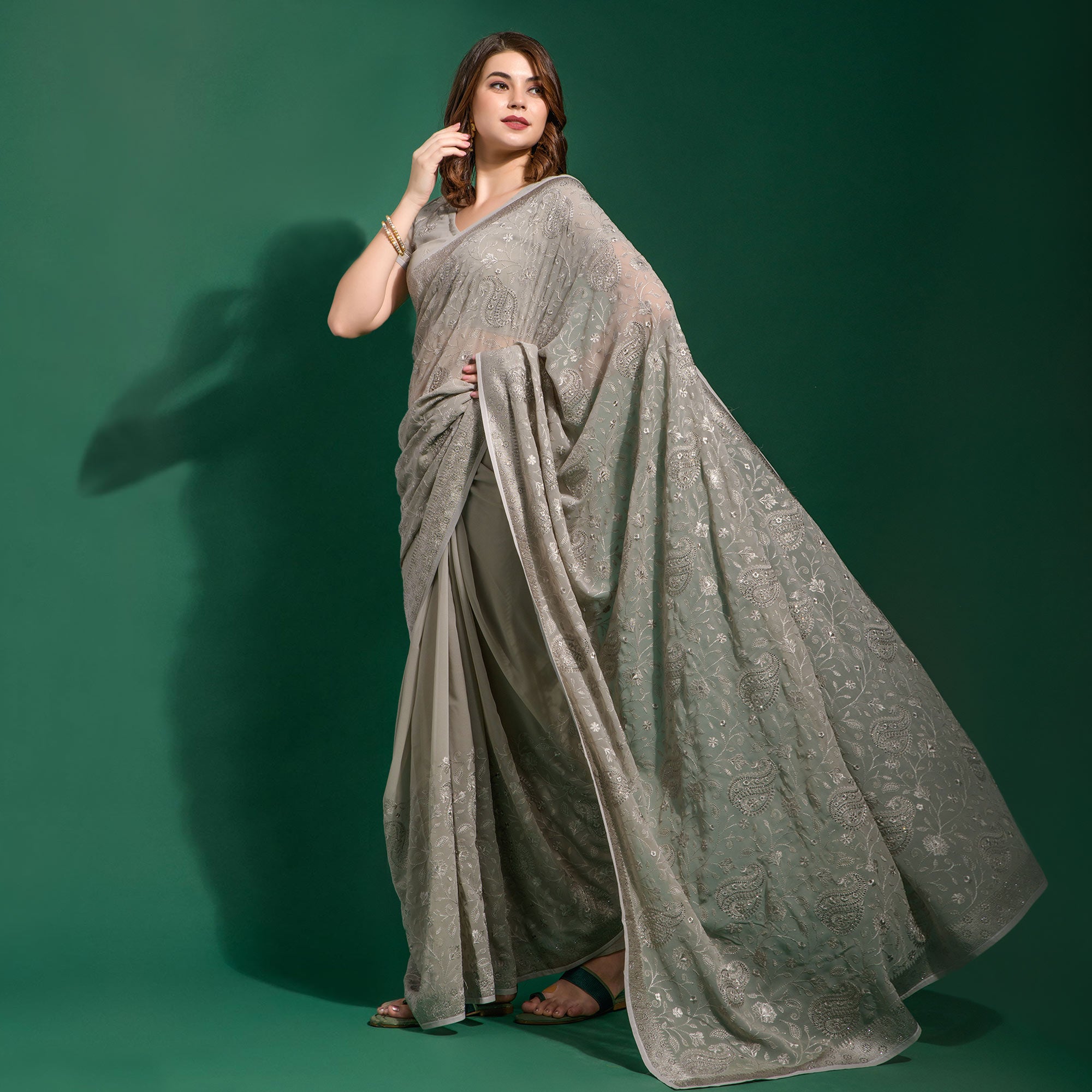 Grey Floral Embroidered Georgette Saree