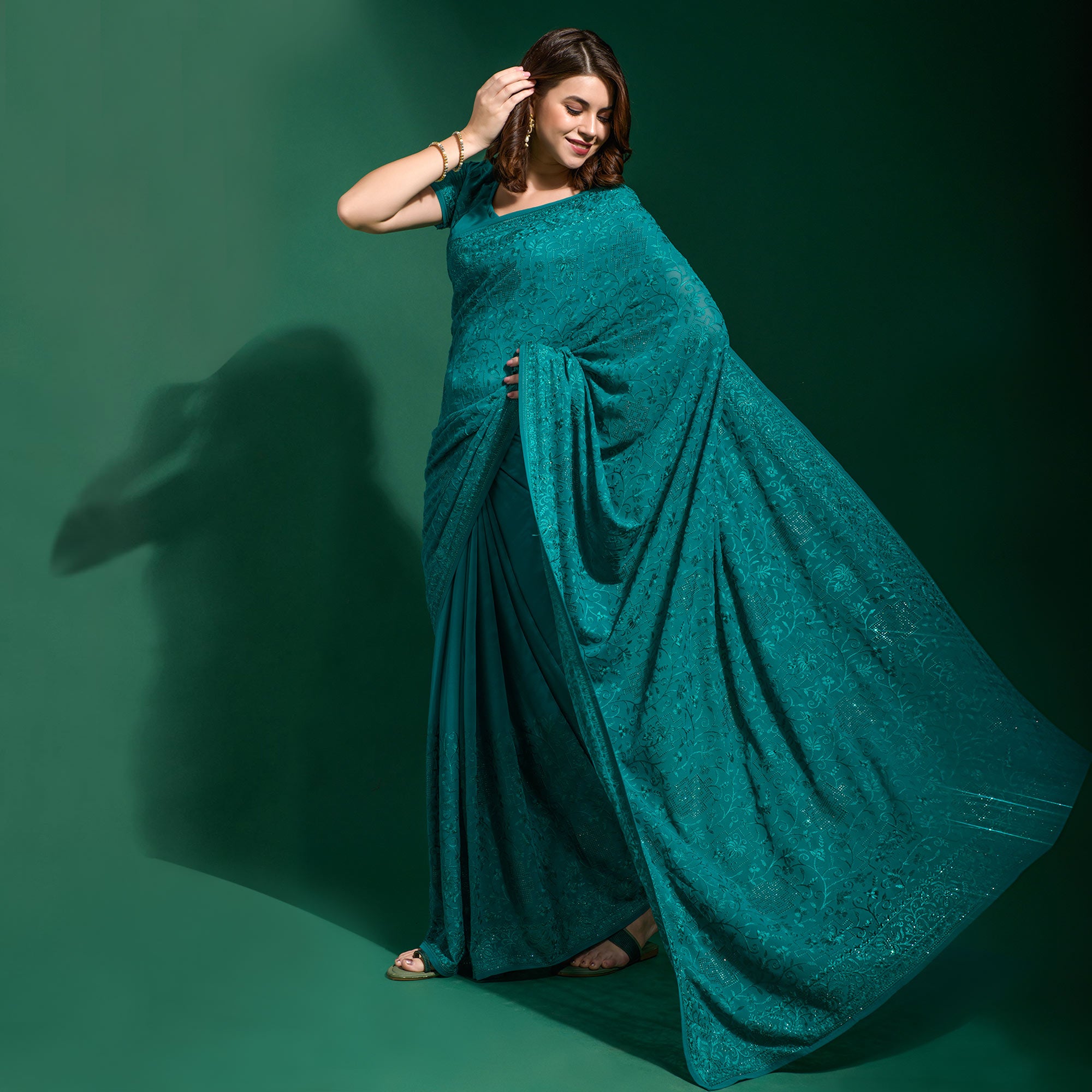 Teal Blue Floral Embroidered Georgette Saree