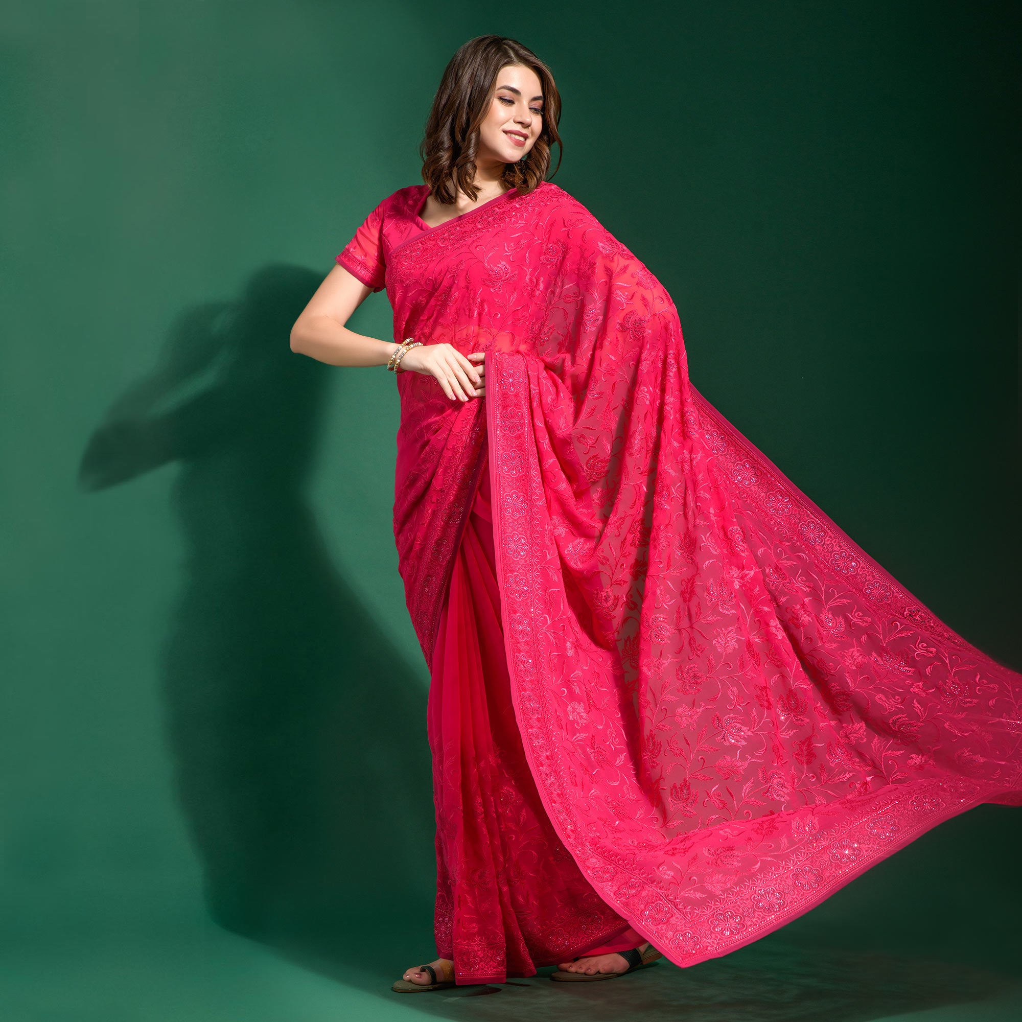 Pink Floral Embroidered Georgette Saree