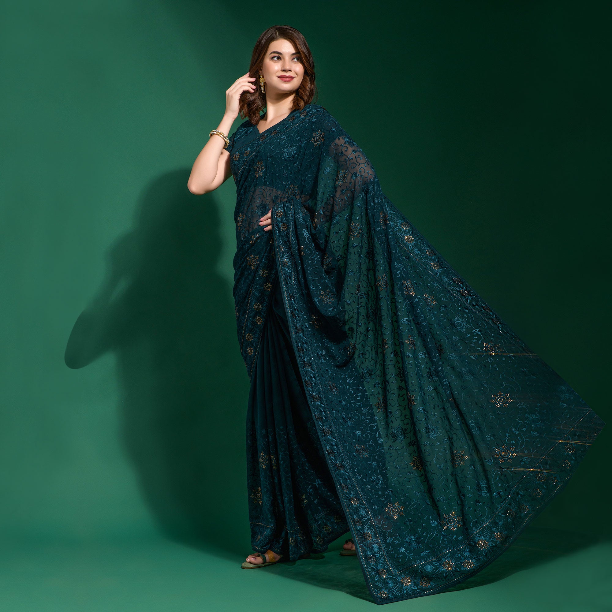 Blue Floral Embroidered Georgette Saree