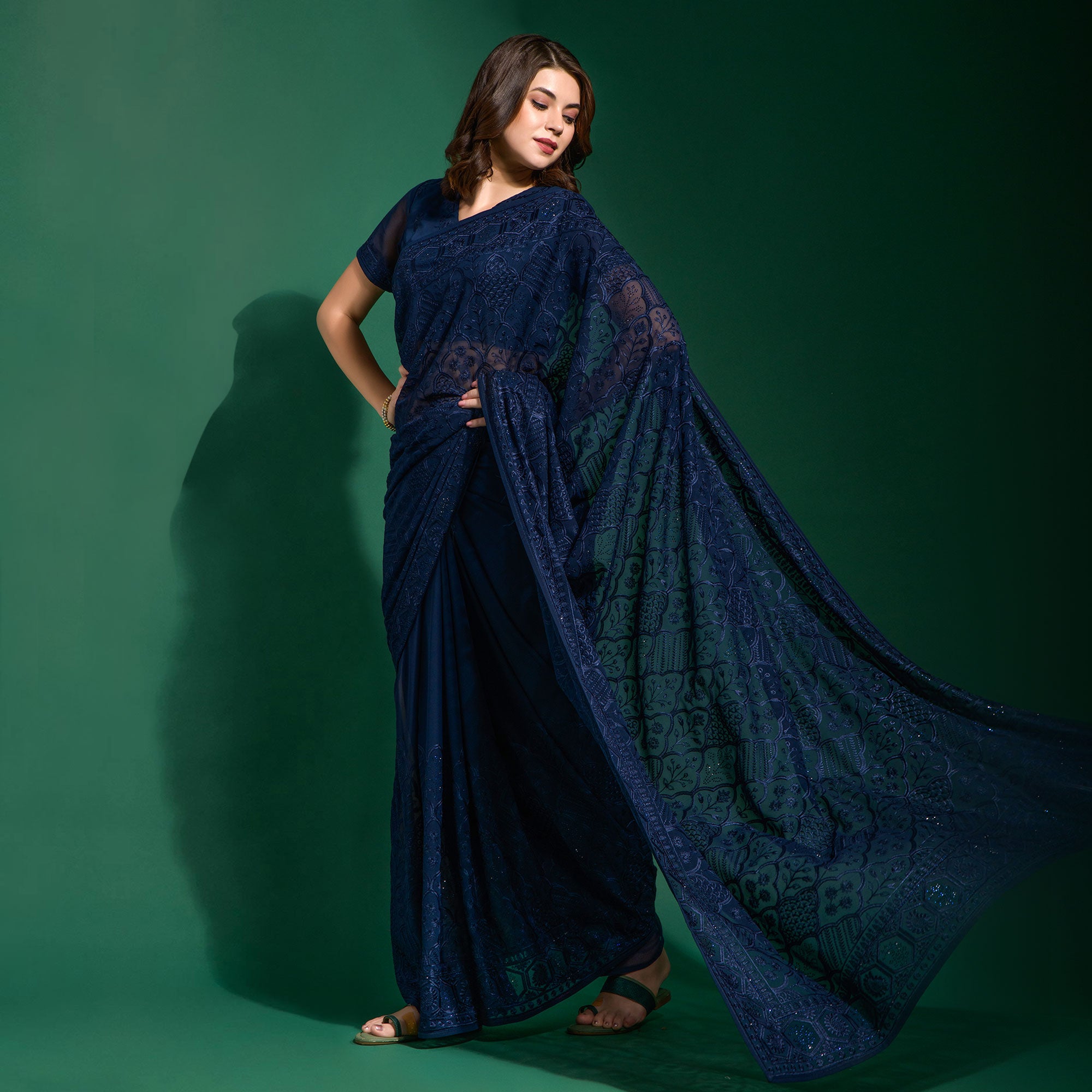 Navy Blue Floral Embroidered Georgette Saree