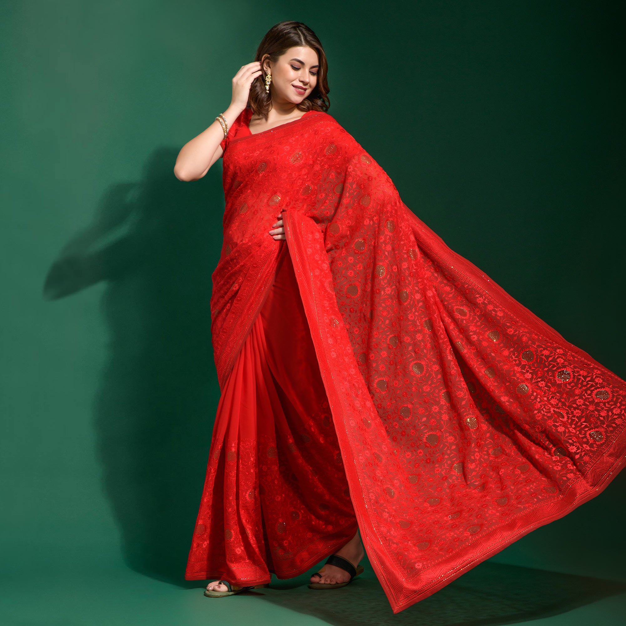 Red Floral Embroidered Georgette Saree