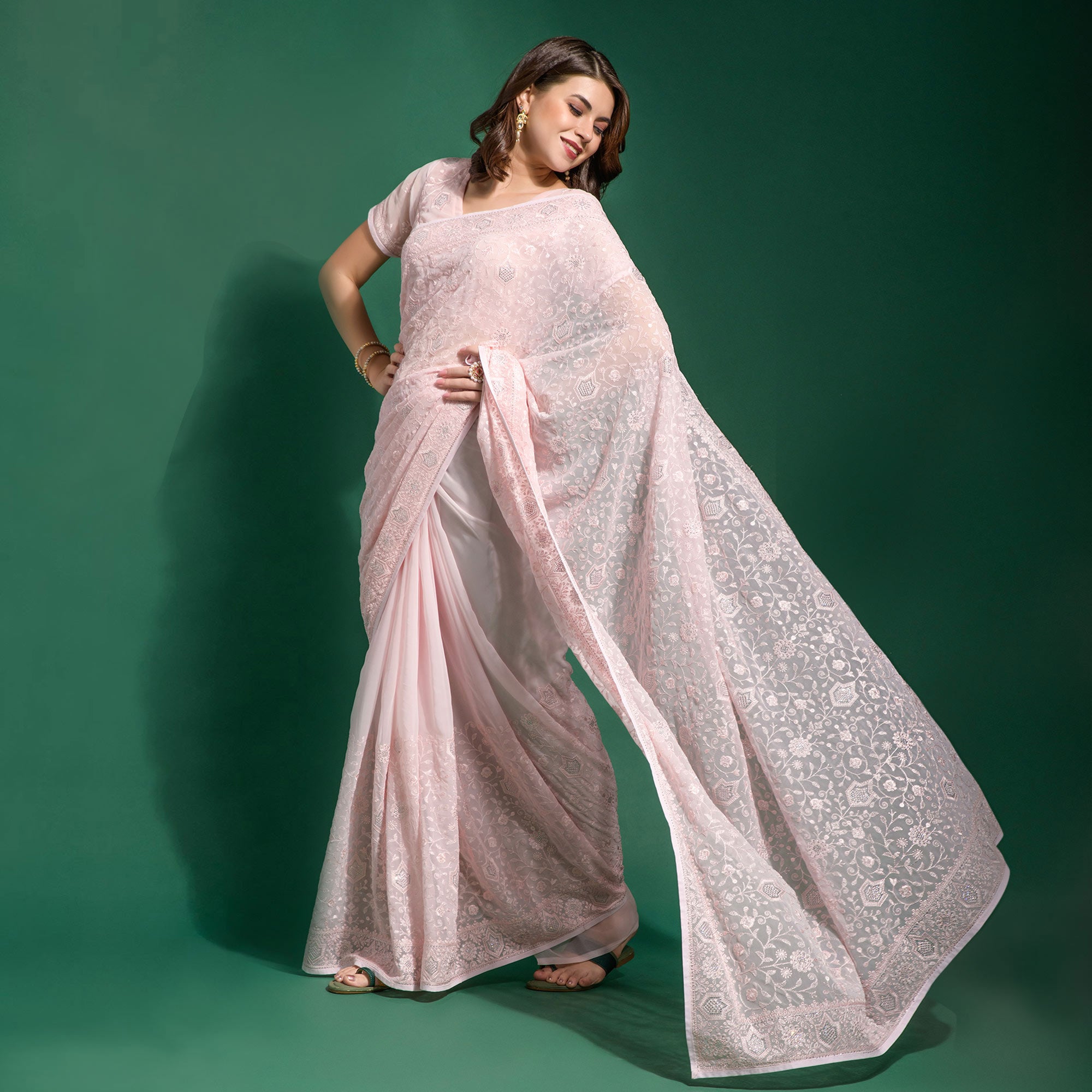 Baby Pink Floral Embroidered Georgette Saree